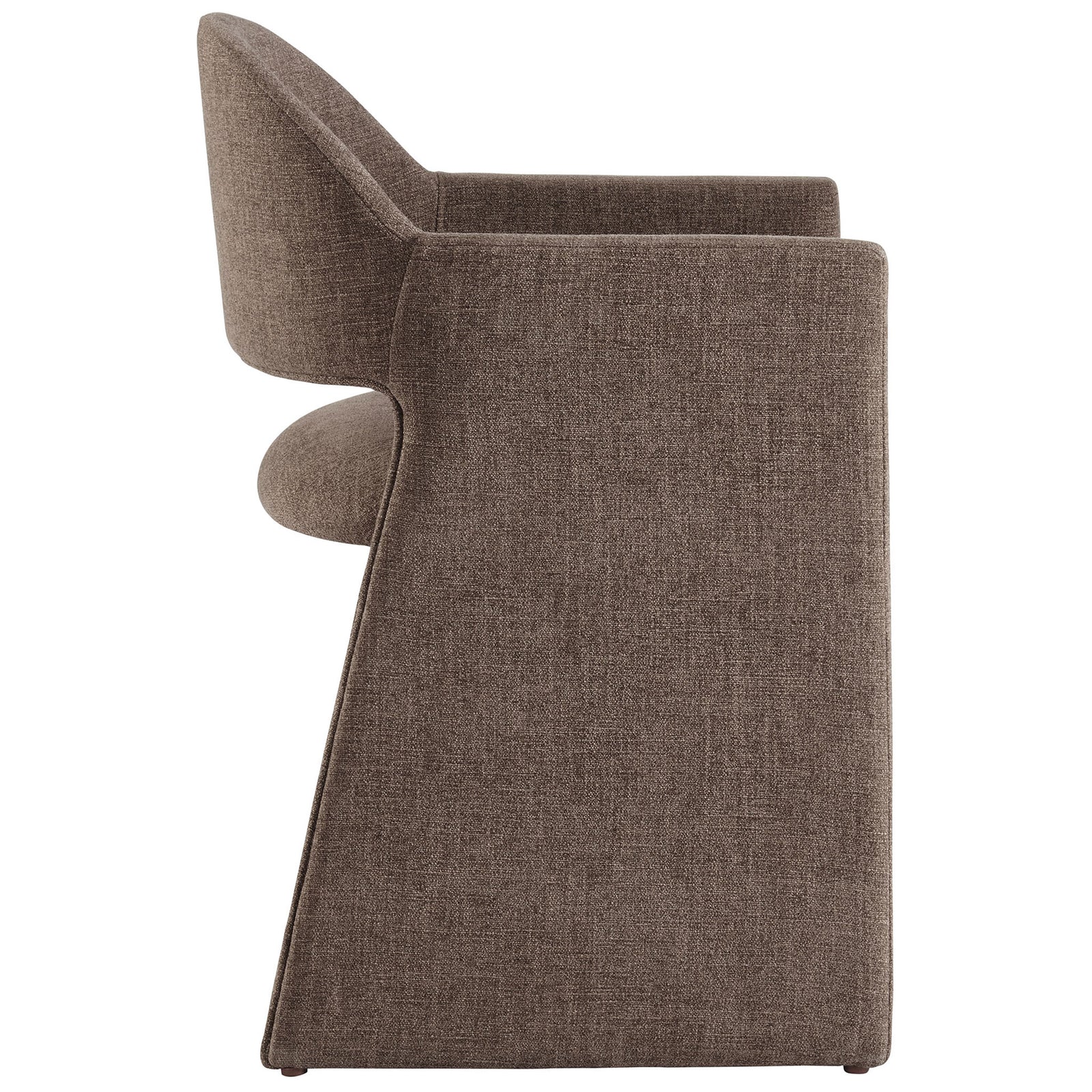 Mocha upholstered dining armchair with clean, linear profile and fully wrapped arms and base || EEI-7082-MOC || side_studio