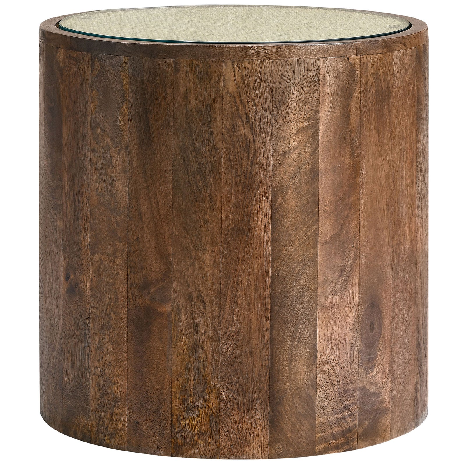 Walnut drum side table with rich wood grain and glass-topped rattan cane surface || EEI-7085-WAL || front_angle_studio