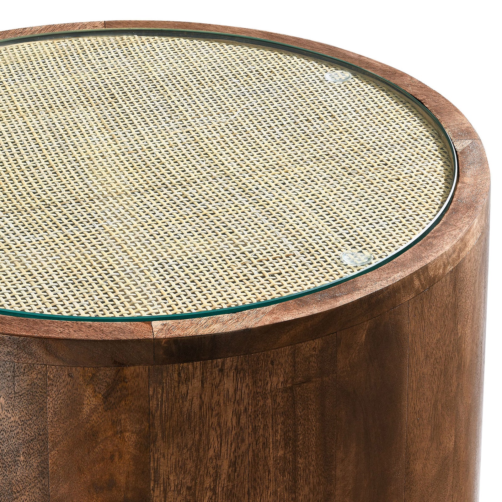 Close-up of woven rattan cane tabletop beneath the beveled glass edge on the walnut table || EEI-7085-WAL || detail_studio