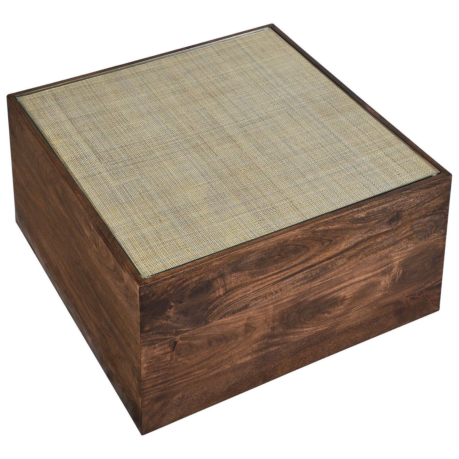 Tempered glass surface reveals woven rattan cane for airy texture and easy cleaning || EEI-7086-WAL || top_angle_studio