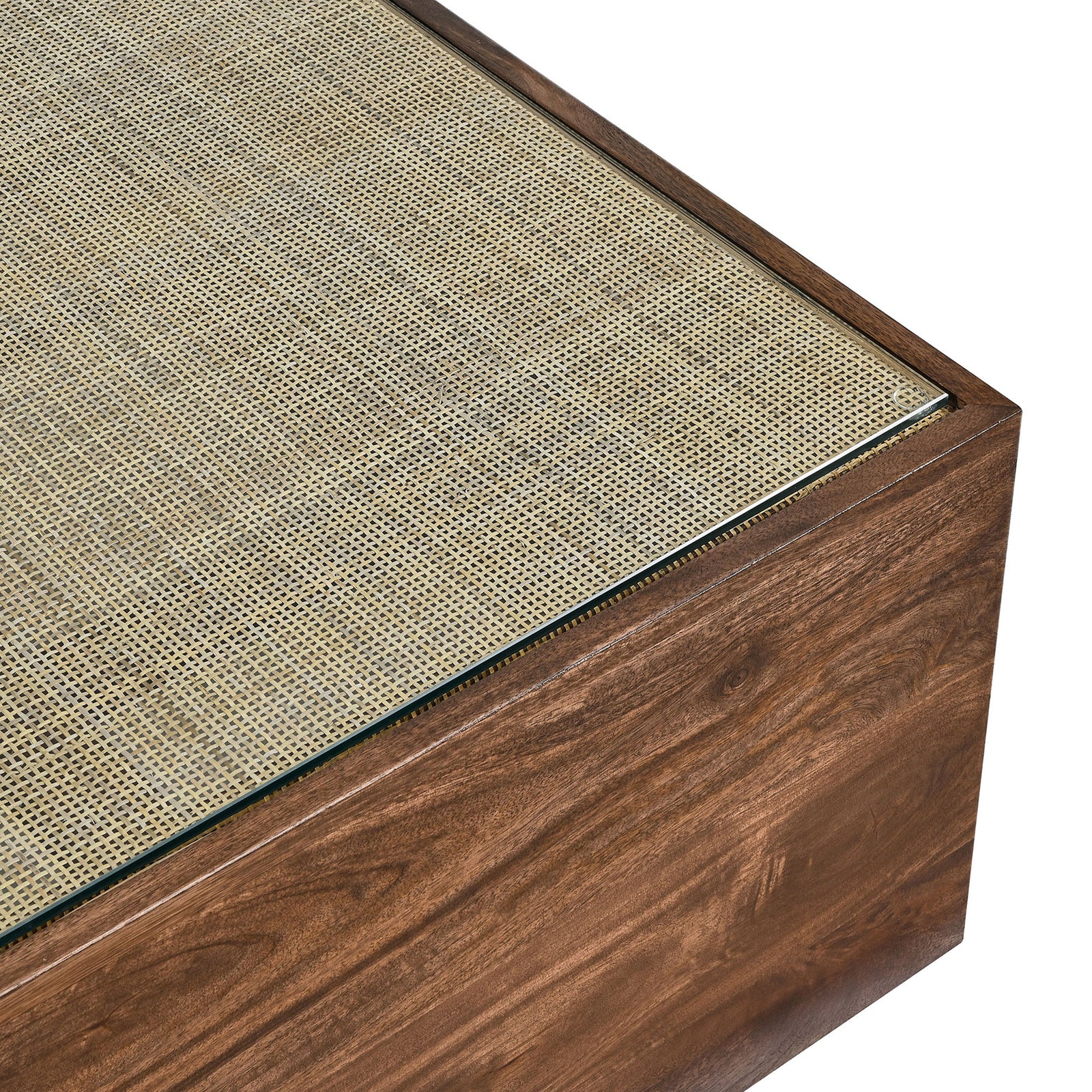 Smooth walnut grain frames the cane weave and flush, protective glass top || EEI-7086-WAL || detail_studio