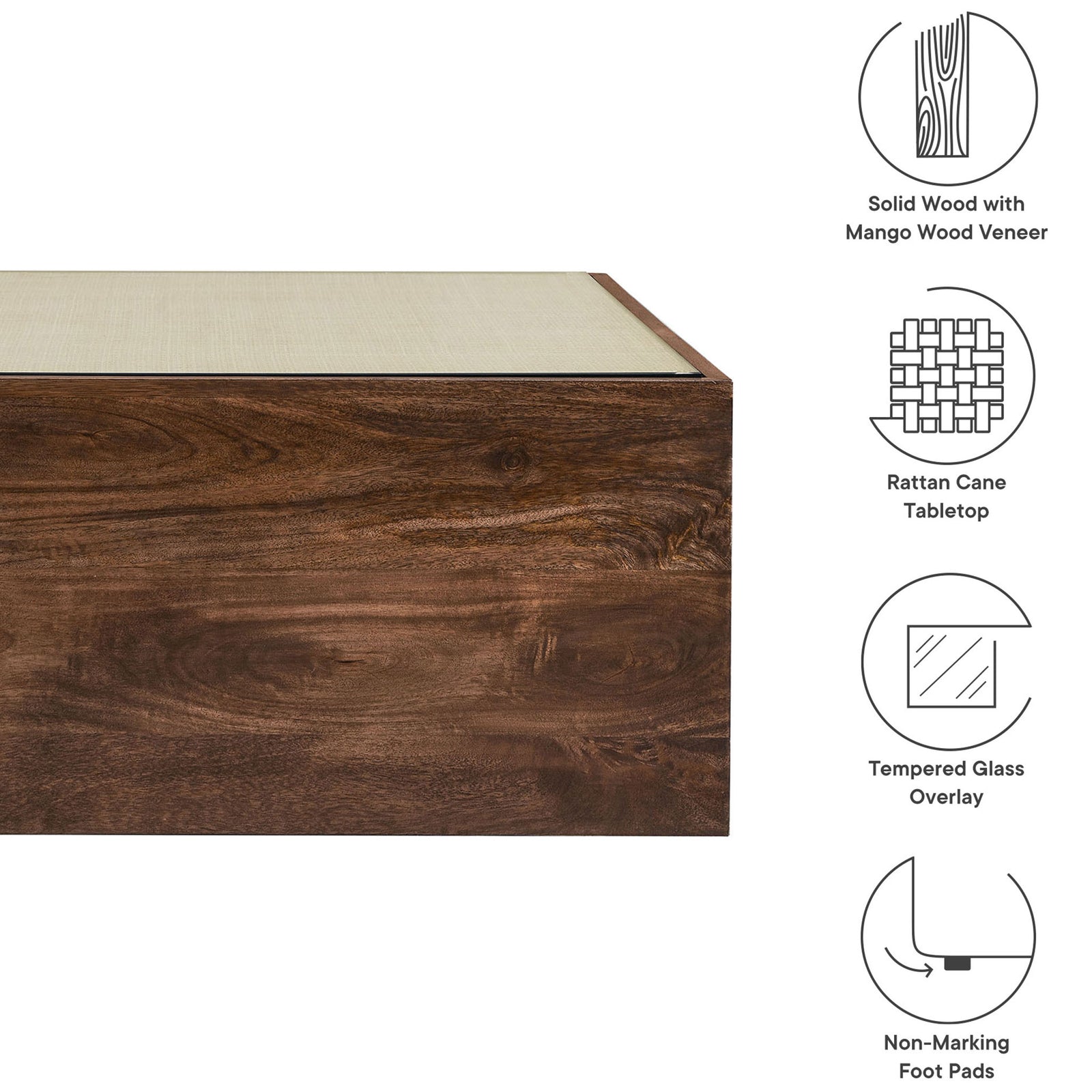Solid wood build with mango veneer, rattan cane tabletop, tempered glass, and non-marking feet || EEI-7086-WAL || callout_studio
