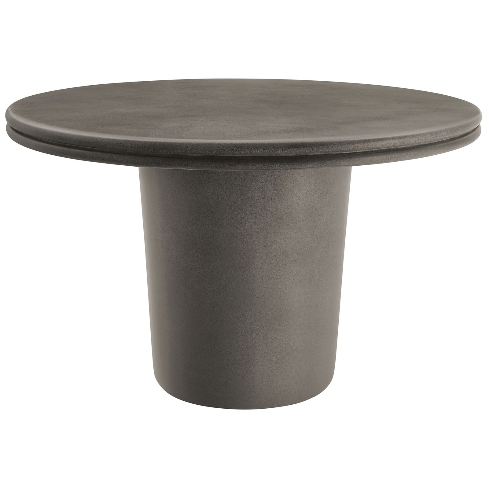Gray concrete round dining table with thick double lip edge and tapered pedestal base || EEI-7087-GRY || front_angle_studio