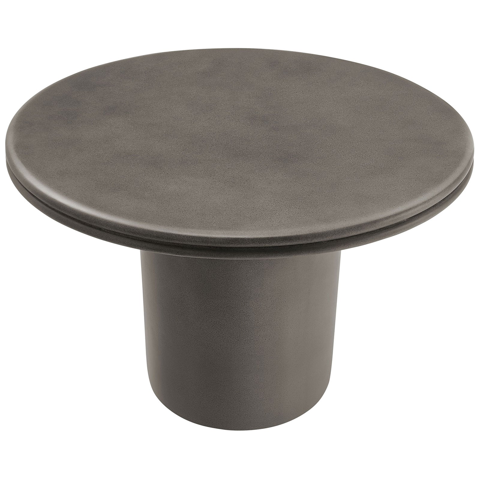 Gray concrete round tabletop with smooth finish and double lip edging on sturdy pedestal base || EEI-7087-GRY || top_angle_studio