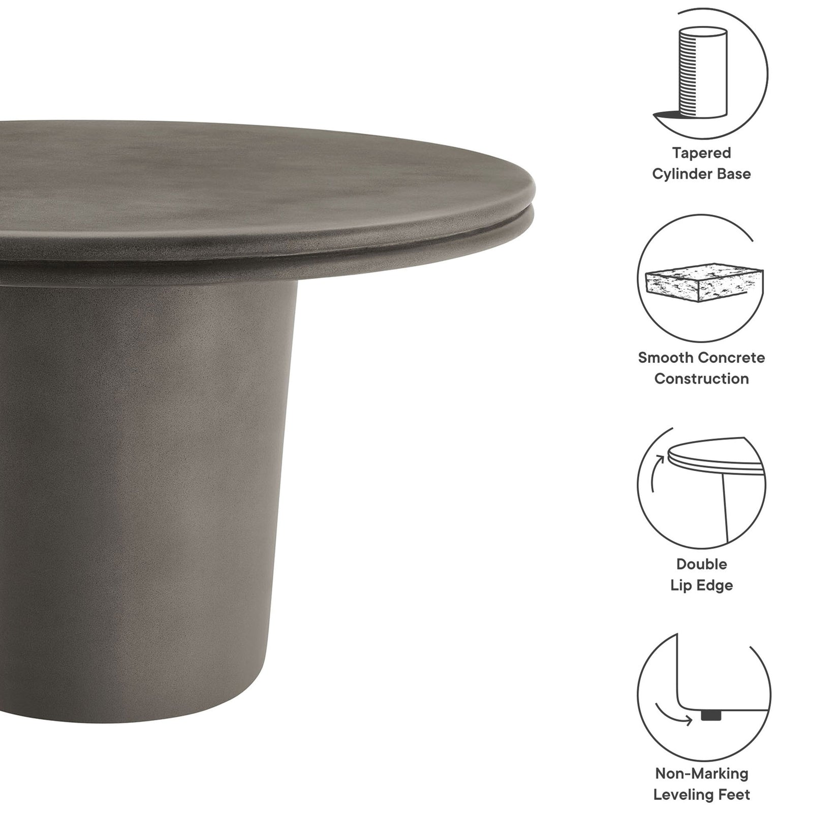 Gray concrete round dining table with tapered cylinder base, double lip edge, and leveling feet || EEI-7087-GRY || callout_studio