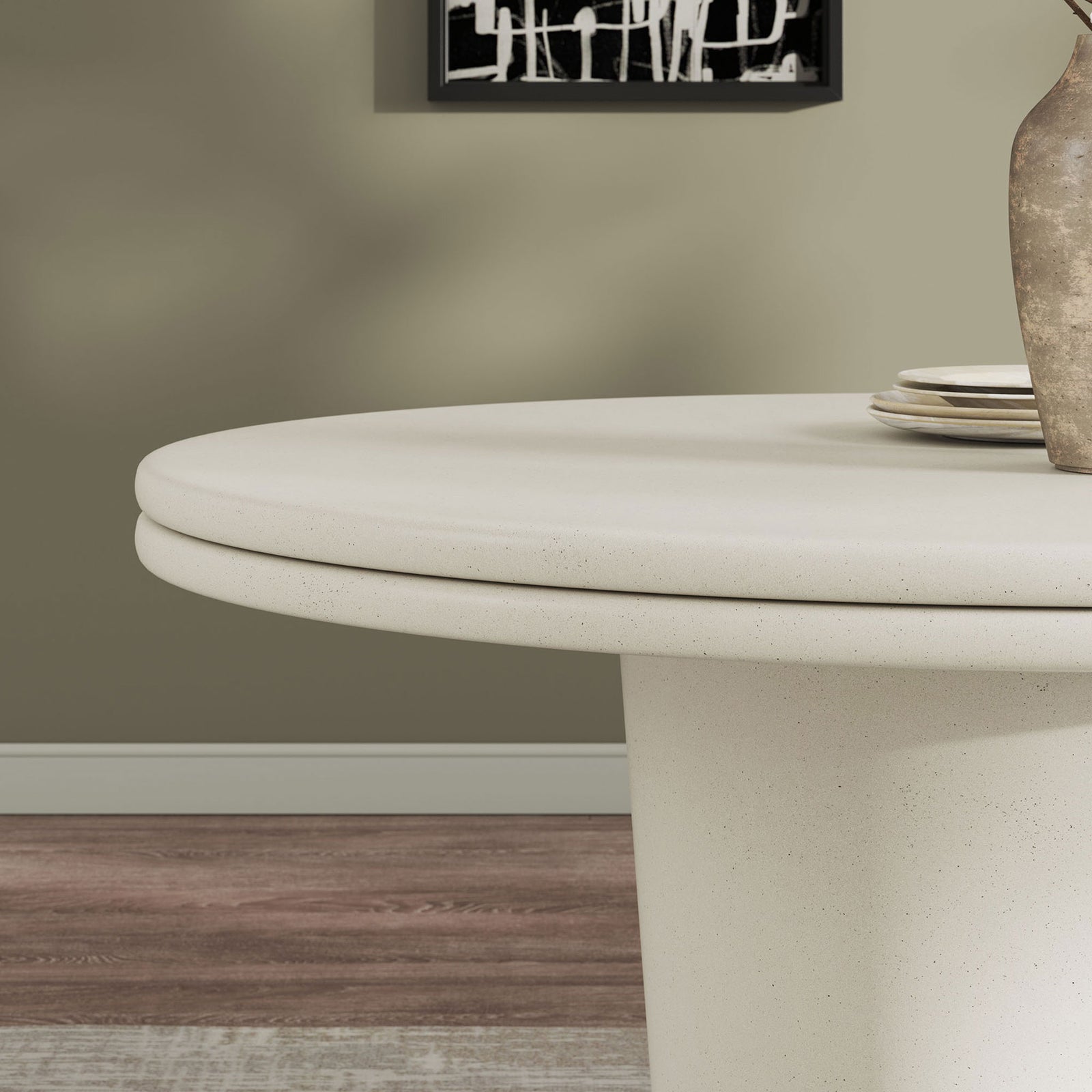 White concrete tabletop with decorative vase, emphasizing thick double lip edge and soft sheen || EEI-7087-WHI || detail_room