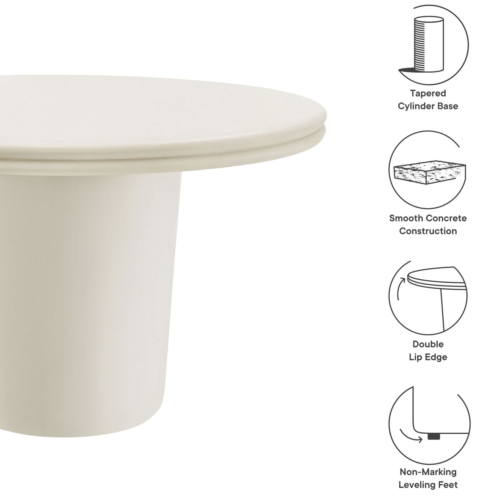 White concrete round dining table with tapered cylinder base, double lip edge, and leveling feet || EEI-7087-WHI || callout_studio