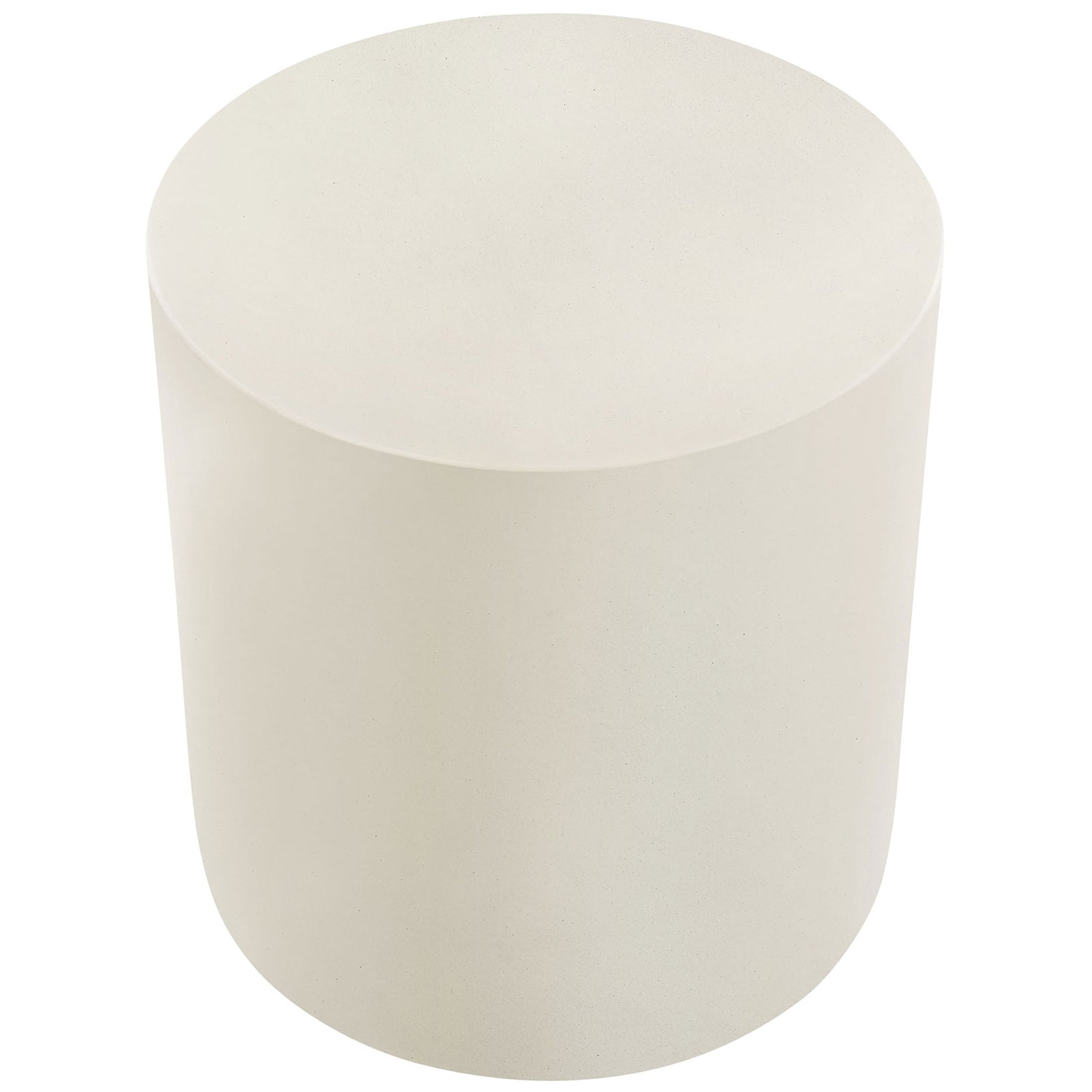 White concrete stool with smooth circular top offering a minimalist surface for seating or display || EEI-7088-WHI || top_angle_studio