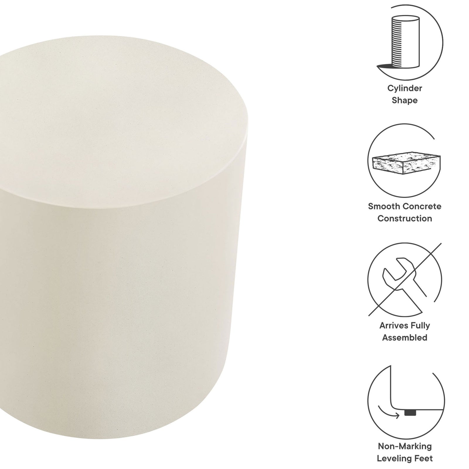 Feature overview of the Brion white concrete stool highlighting its cylinder shape and smooth finish || EEI-7088-WHI || callout_studio