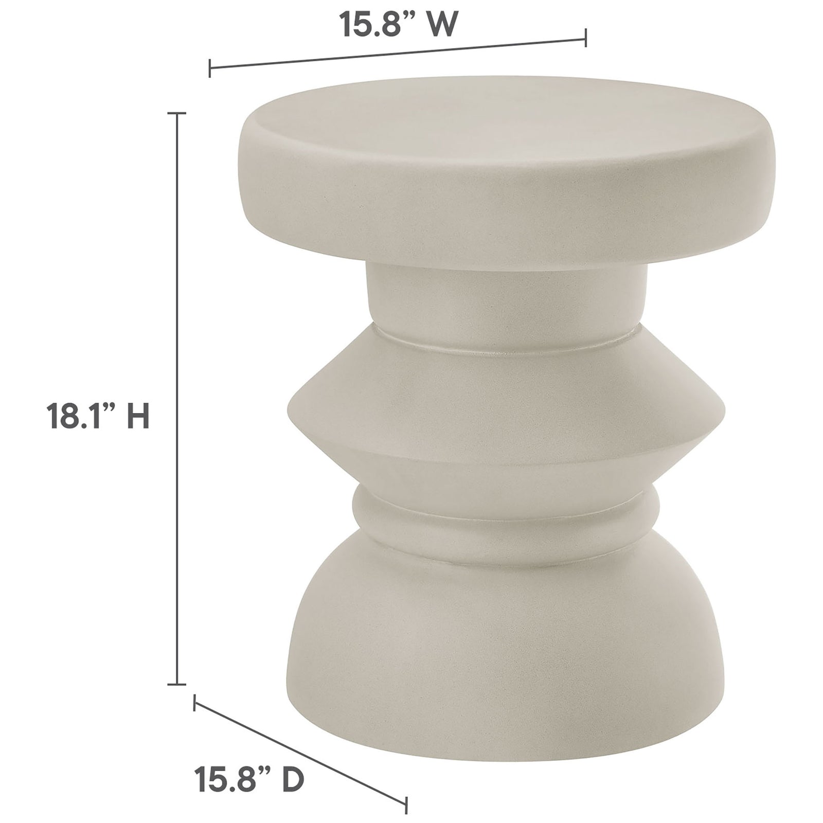 Light gray concrete side table with sculptural profile and dimensions labeled for height and width || EEI-7090-LGR || dimension_studio