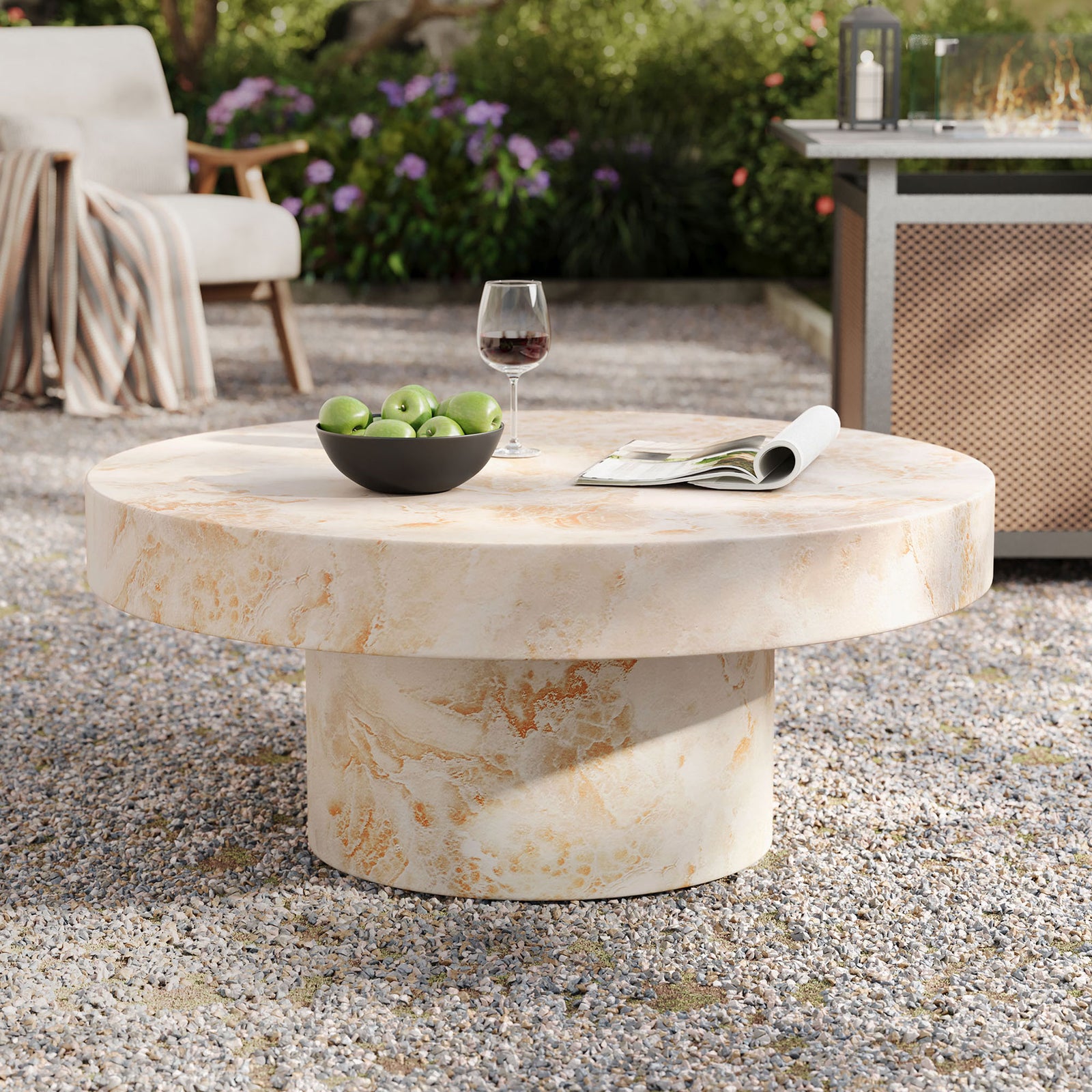 Honey onyx round coffee table anchoring an inviting outdoor lounge seating area || EEI-7091-HYX || front_angle_room