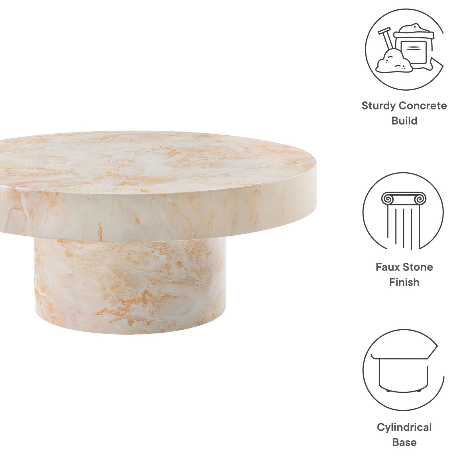 Graphic highlighting sturdy concrete build faux stone finish and cylindrical base features || EEI-7091-HYX || callout_studio