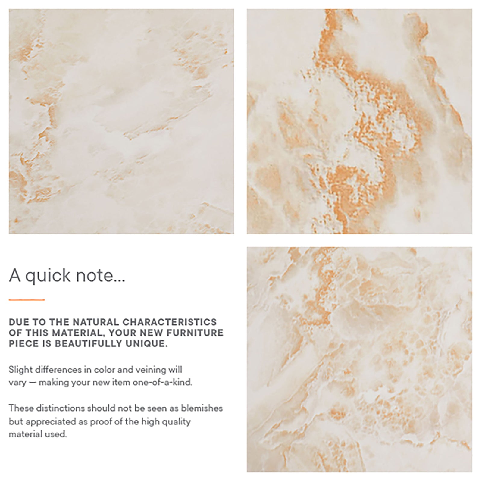 Material graphic showing naturally varied honey onyx veining with note about unique character || EEI-7091-HYX || callout_studio