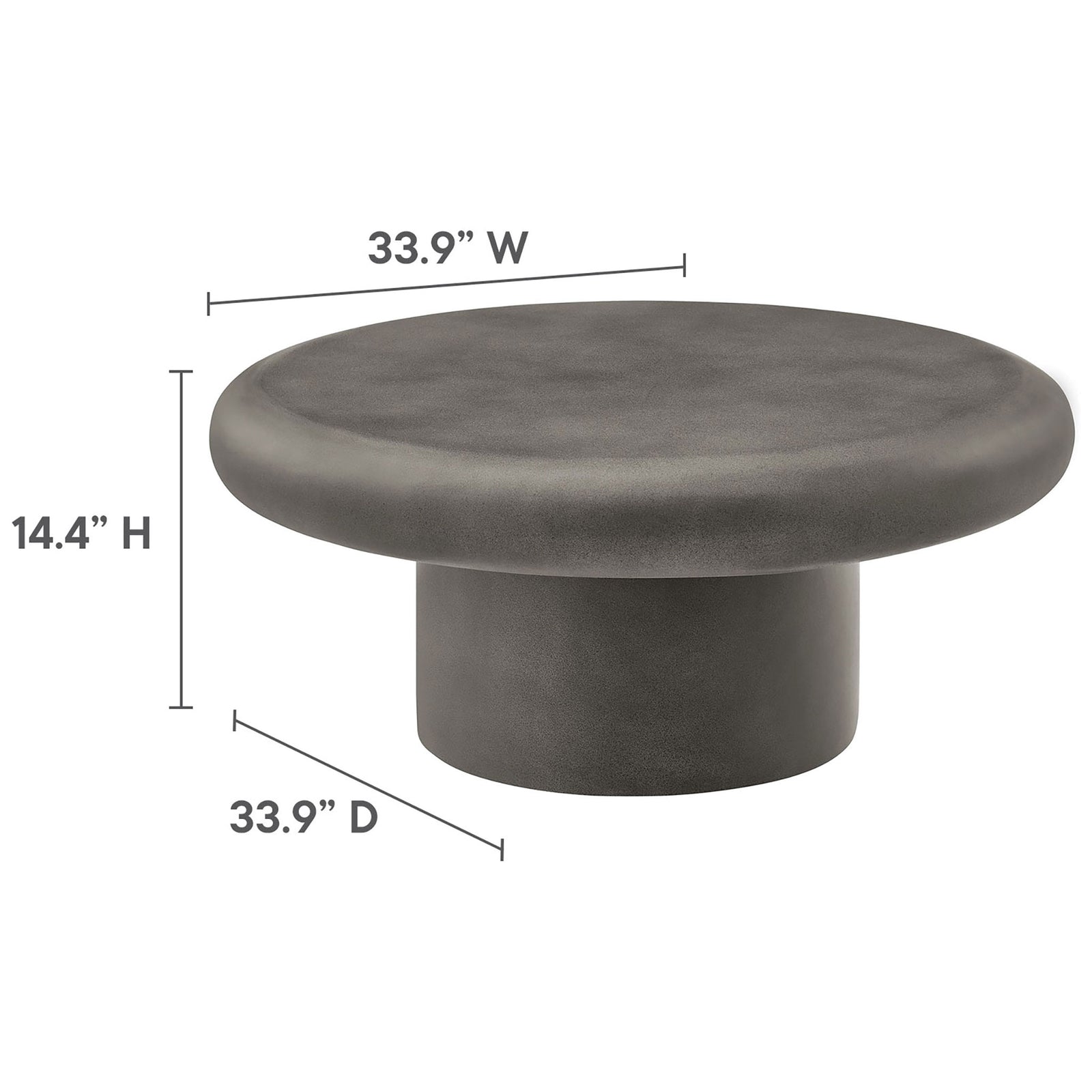 Gray concrete round coffee table shown with dimensions for its wide 33.9 inch top and low 14.4 inch height || EEI-7092-GRY || dimension_studio