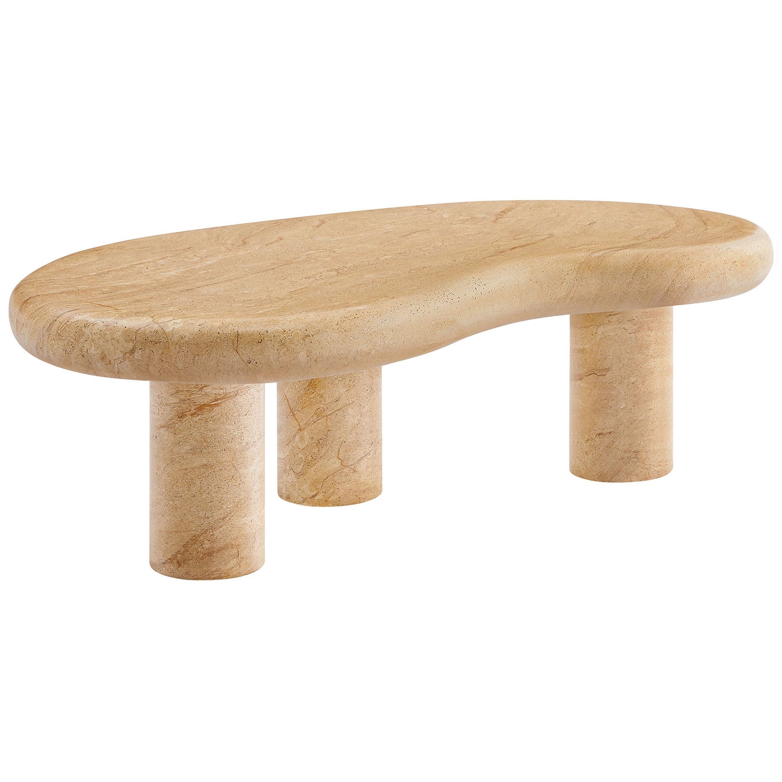 Soft sand-colored faux travertine finish and fluid silhouette give this coffee table a warm, sculptural presence || EEI-7093-TRV || front_angle_studio