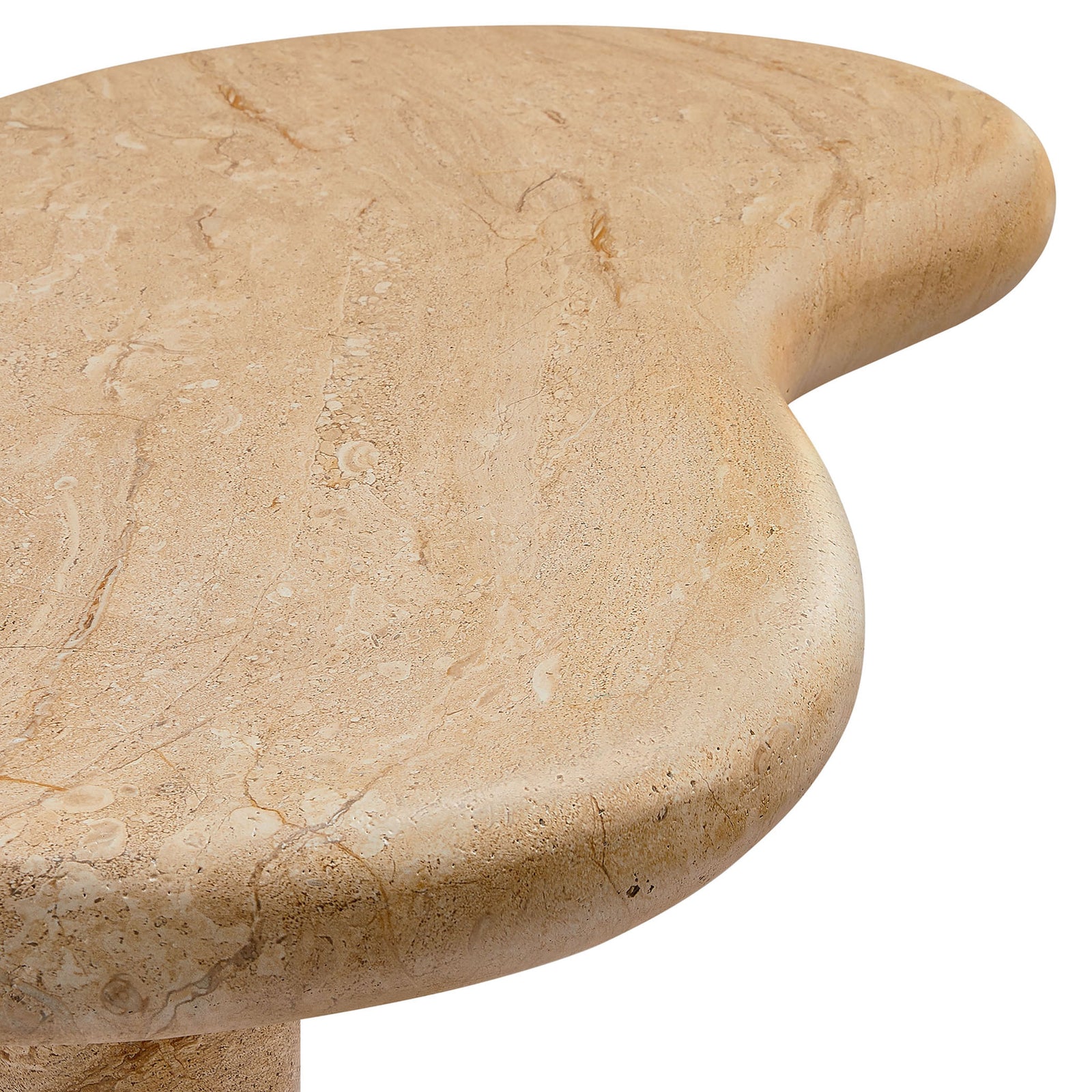 Edge of the table shows subtle pits and texture in the faux travertine finish for a realistic stone look || EEI-7093-TRV || detail_studio