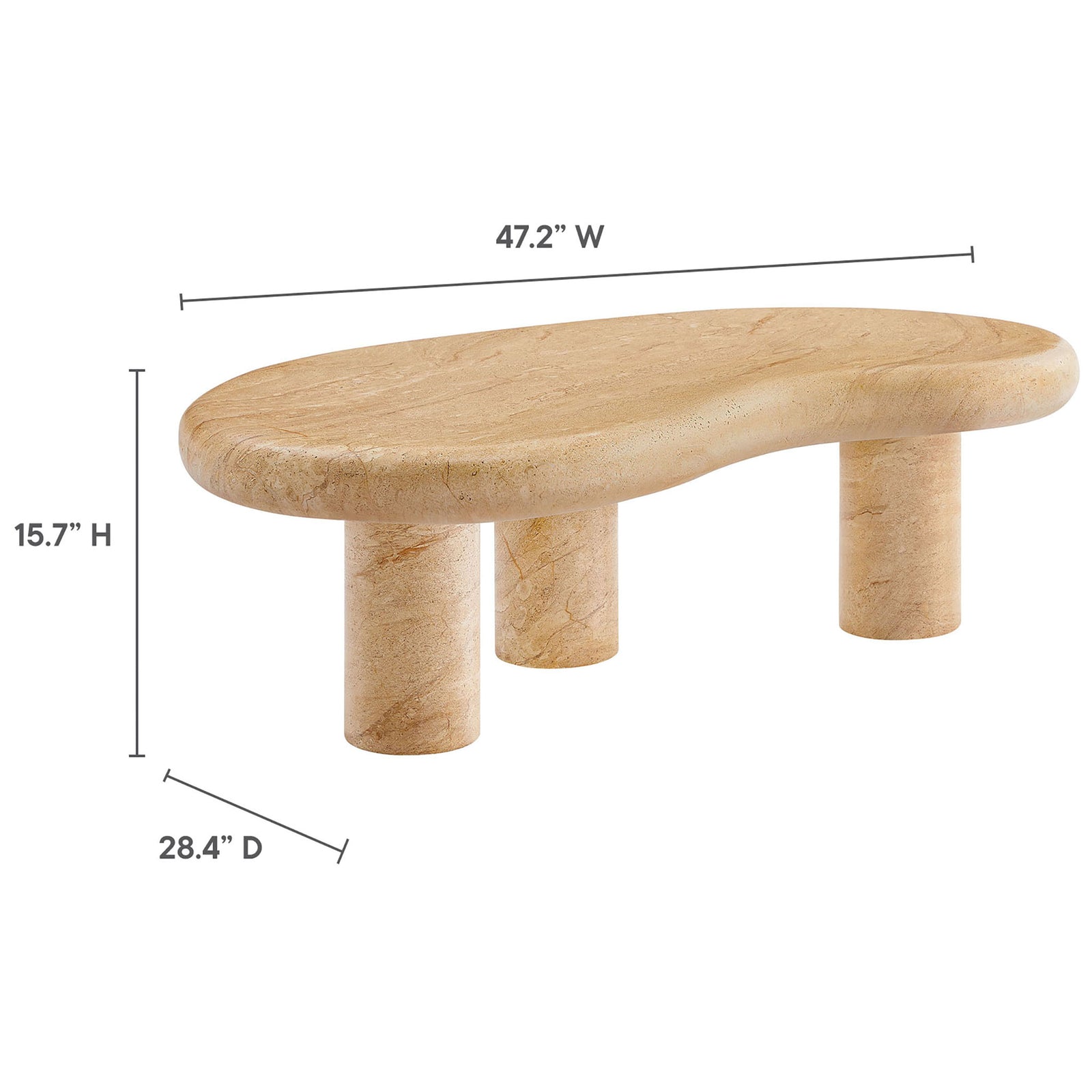 Dimension diagram displays the Elowen faux travertine coffee table measurements for height, width, and depth || EEI-7093-TRV || dimension_studio