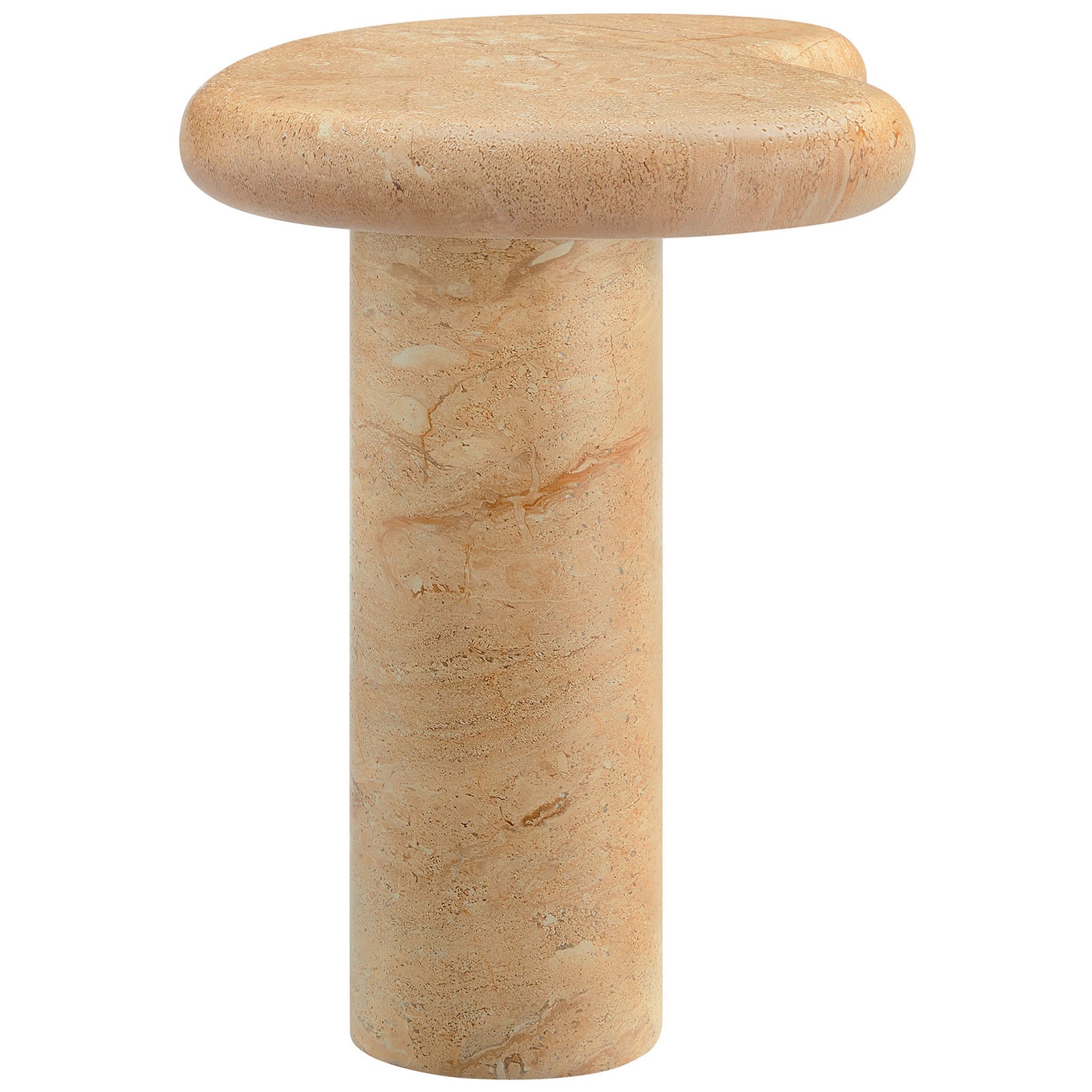 Concrete faux travertine side table highlighting the slim profile and rounded pedestal support || EEI-7094-TRV || side_studio