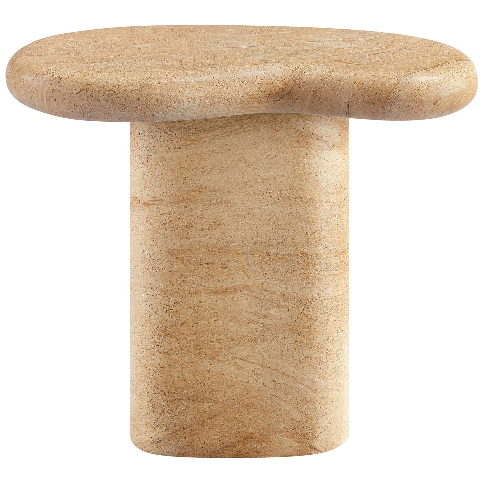 Textured faux travertine side table with kidney-shaped top and sturdy pedestal base for indoor or outdoor use || EEI-7094-TRV || front_studio