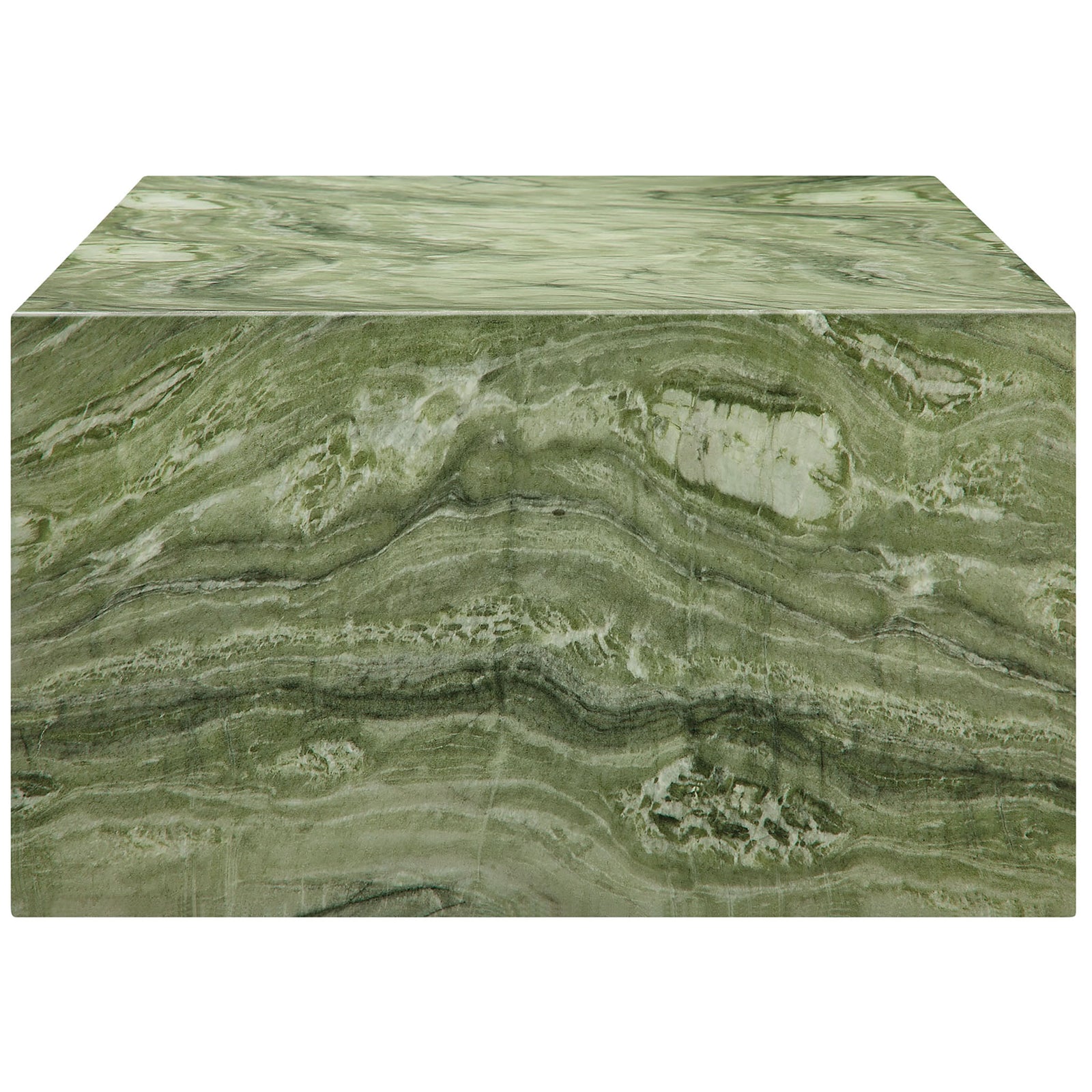 Jordana green marble-look concrete coffee table with clean plinth silhouette and richly layered veining || EEI-7095-GRN || side_studio