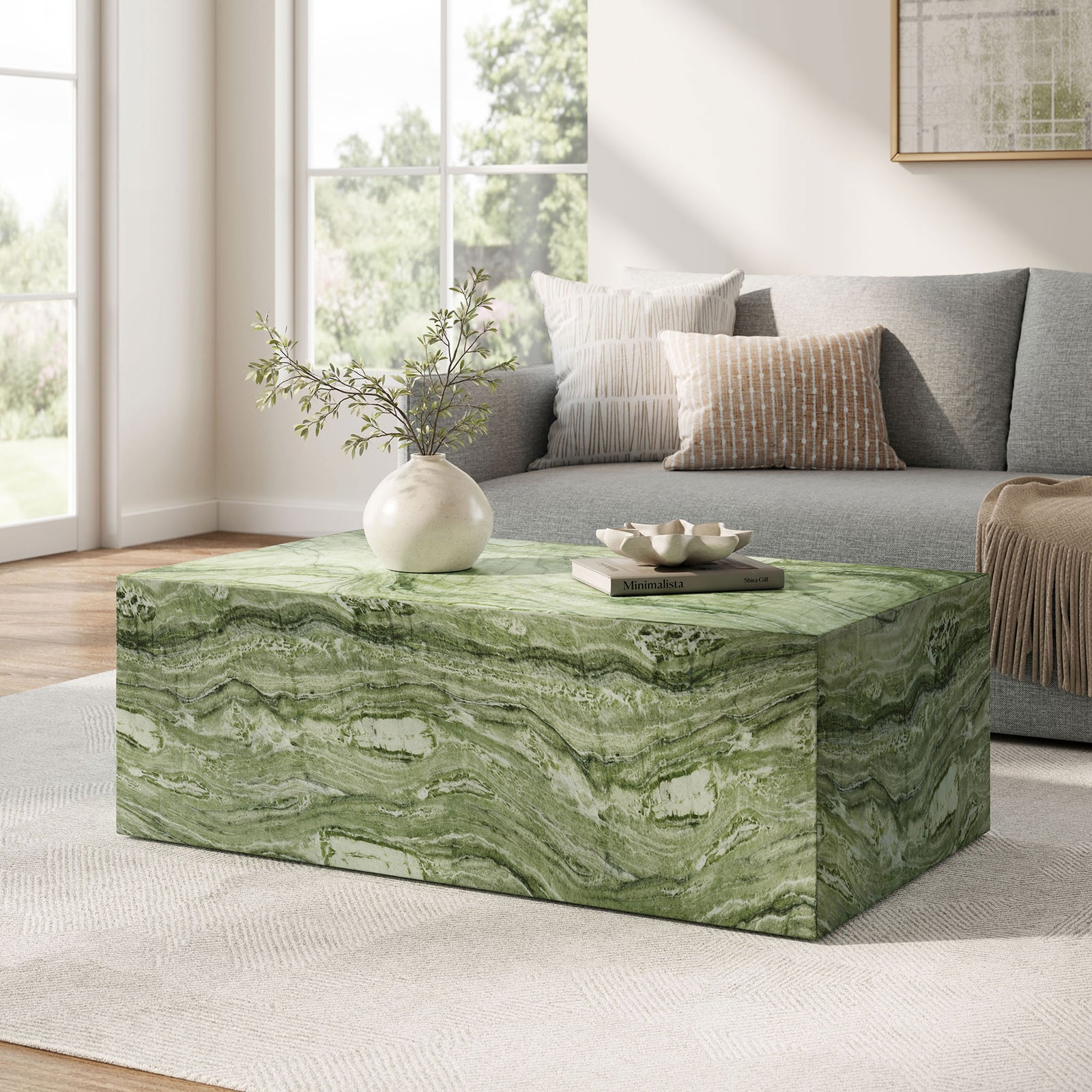 Jordana green marble-look concrete coffee table anchors a bright living room with its bold plinth silhouette || EEI-7095-GRN || front_angle_room