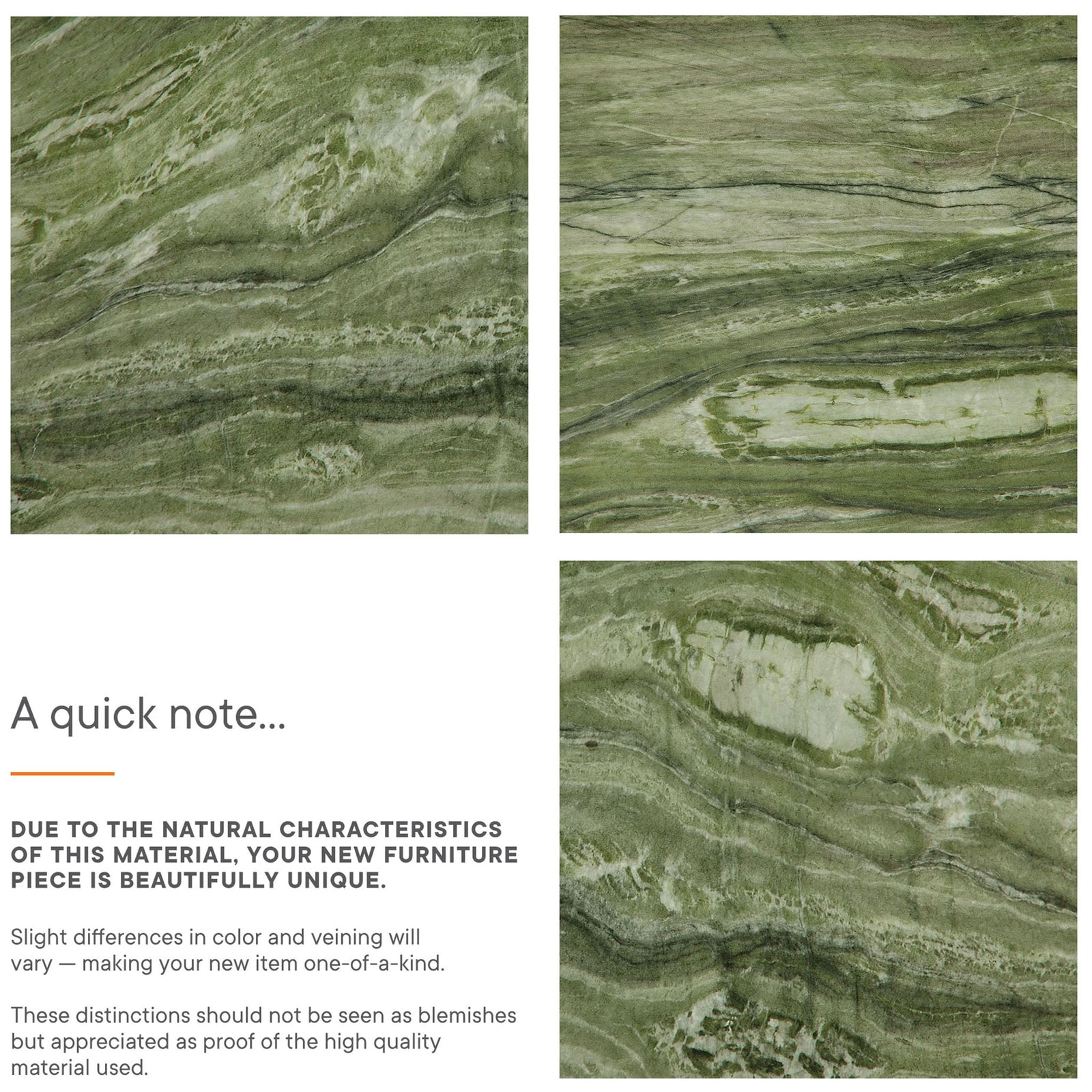 Three panels of green faux stone veining with note about natural variations that make each concrete table unique || EEI-7095-GRN || callout_studio