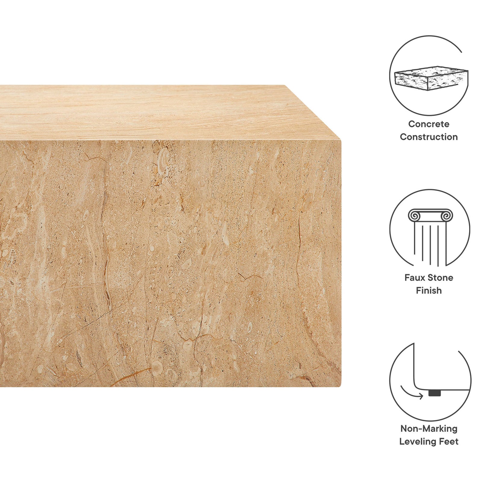 Concrete construction, faux stone finish, and non-marking levelers called out around the Jordana travertine coffee table || EEI-7095-TRV || callout_studio