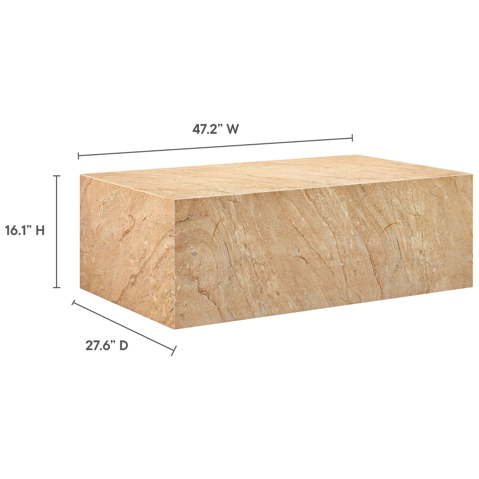 Dimensional diagram of the Jordana travertine-look concrete coffee table with width, depth, and height measurements || EEI-7095-TRV || dimension_studio