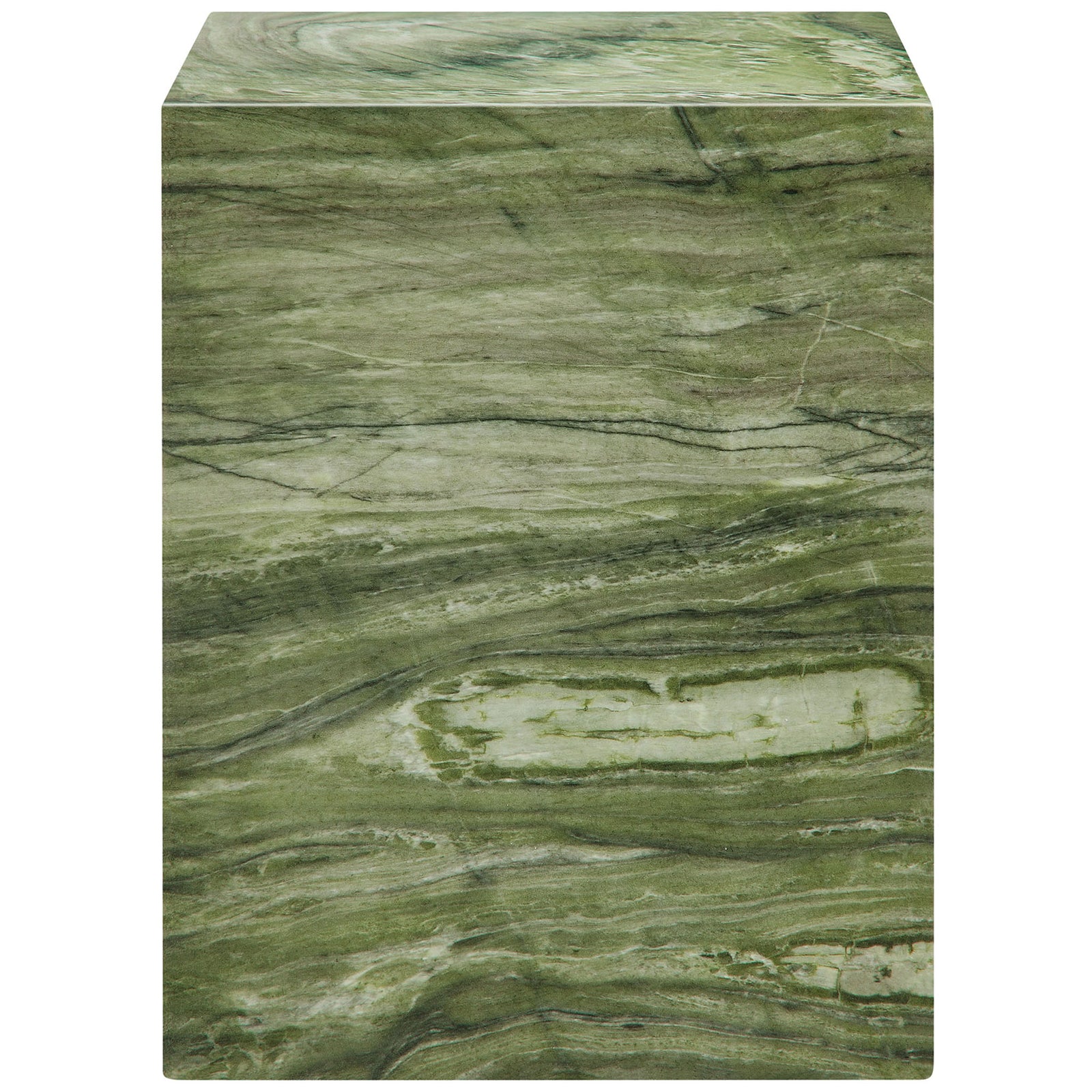 Square green marble-effect side table highlighting the bold horizontal veining across the front panel. || EEI-7096-GRN || front_studio