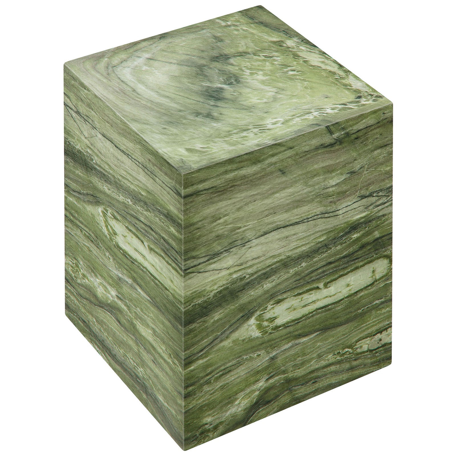 Compact green faux stone cube table showcasing the smooth top surface and fluid, natural-looking veining. || EEI-7096-GRN || top_angle_studio