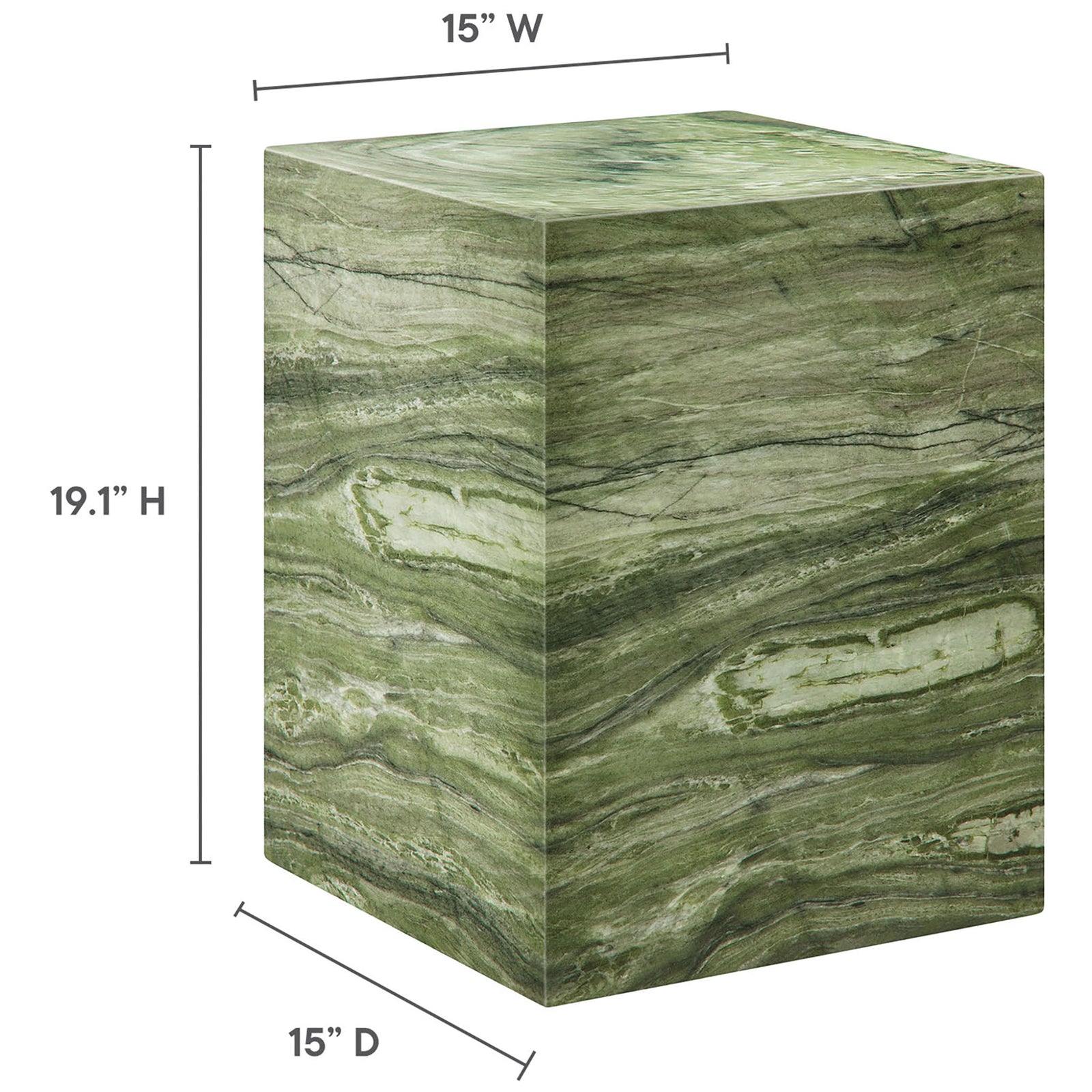 Graphic showing the green marble side table dimensions with 15 inch square top and 19.1 inch height. || EEI-7096-GRN || dimension_studio