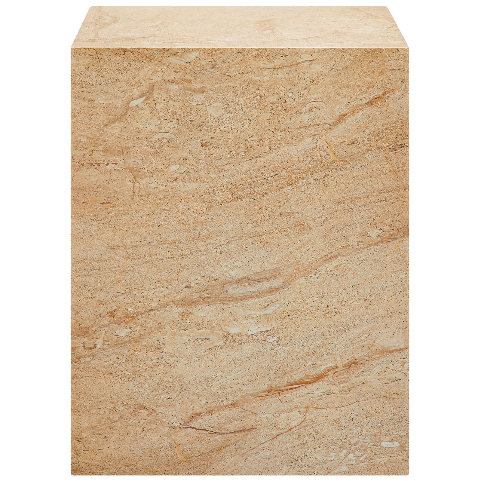 Square travertine-effect side table emphasizing the natural stone-inspired patterning on the front face. || EEI-7096-TRV || front_studio