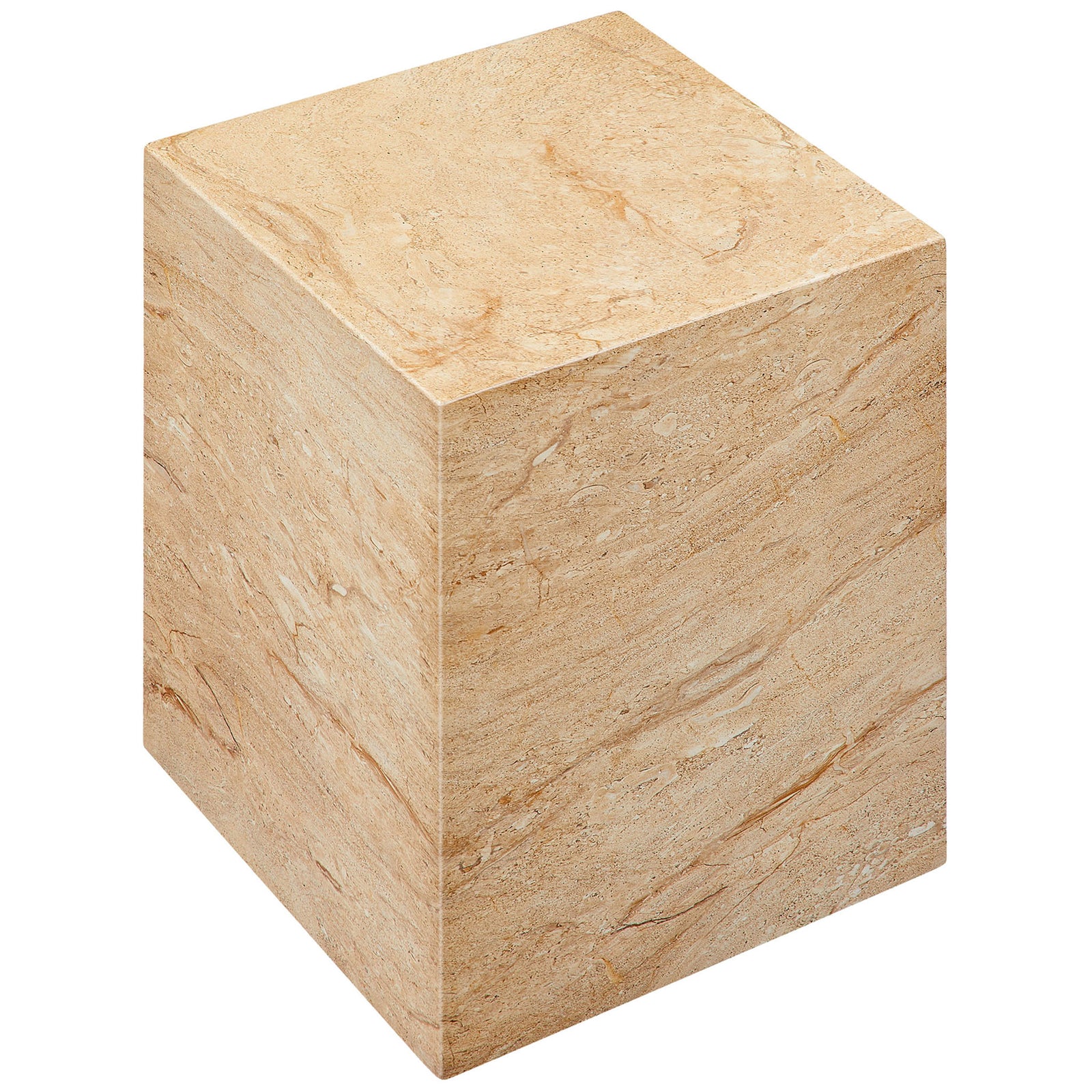 Compact travertine-look cube table showcasing the smooth top and layered, sand-toned veining. || EEI-7096-TRV || top_angle_studio