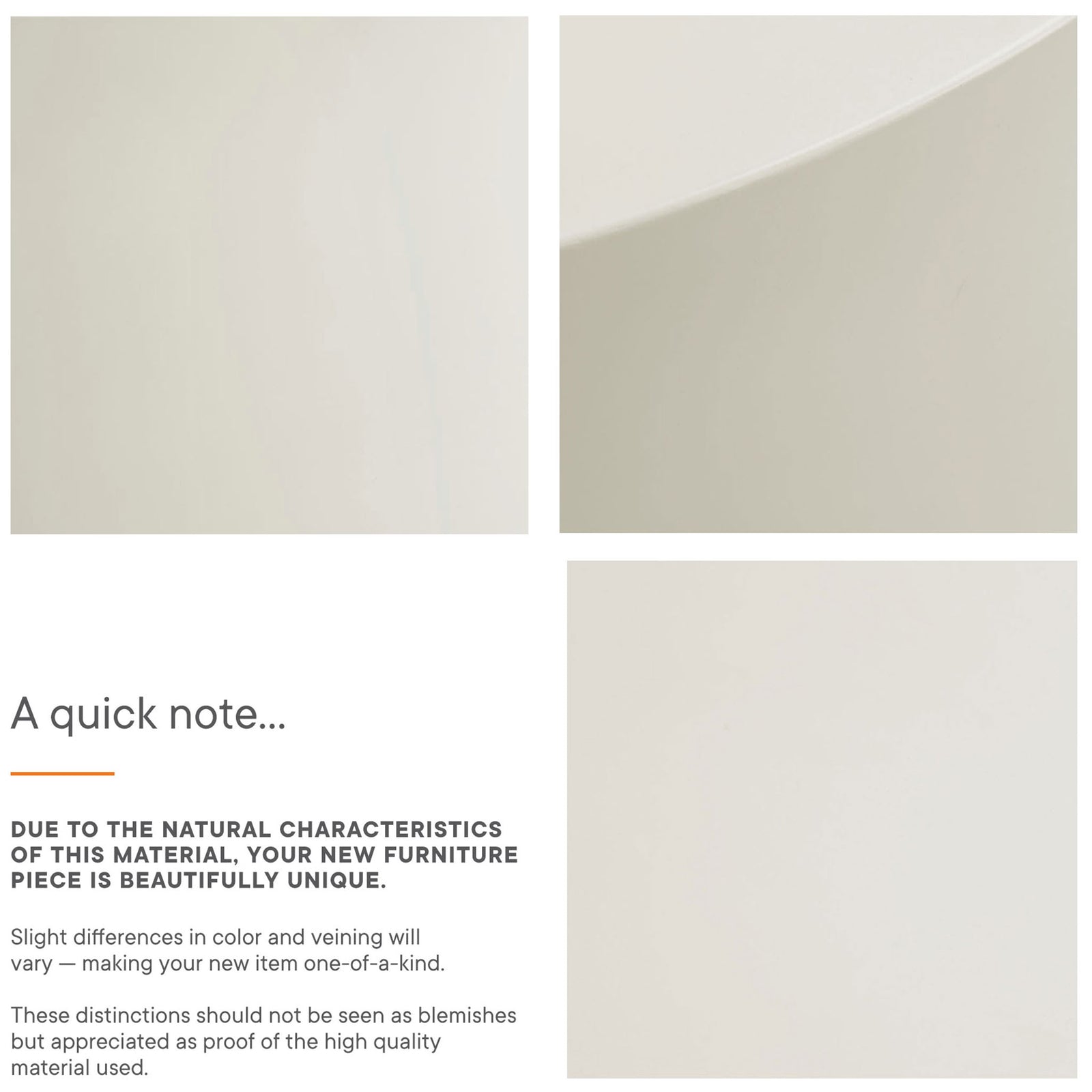 Material detail collage of the white concrete table emphasizing its one-of-a-kind color and veining || EEI-7099-WHI || callout_studio
