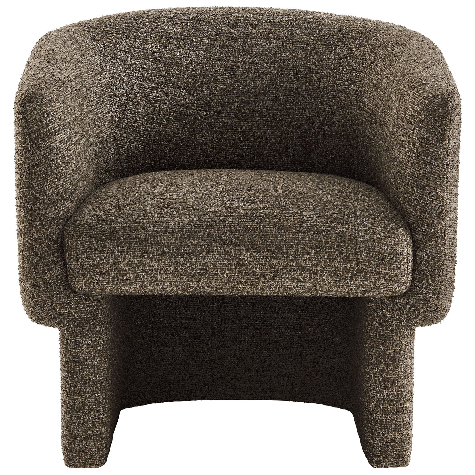 Curved barrel silhouette in soft boucle with a plush, inviting seat and wraparound arms || EEI-7100-ATQ || front_studio
