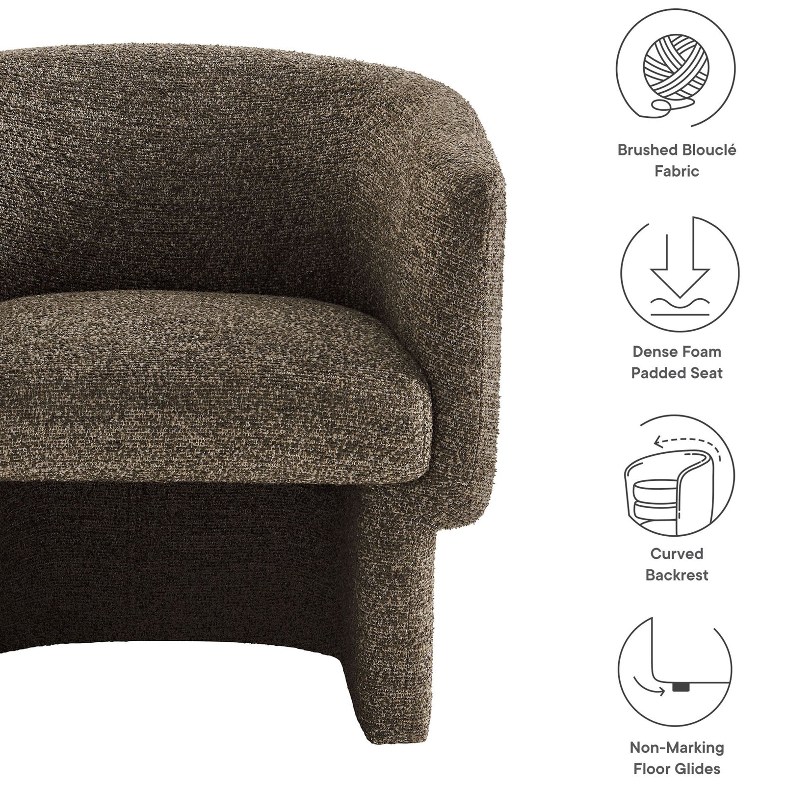 Brushed boucle fabric, dense foam seat, and curved backrest for supportive lounging || EEI-7100-ATQ || callout_studio