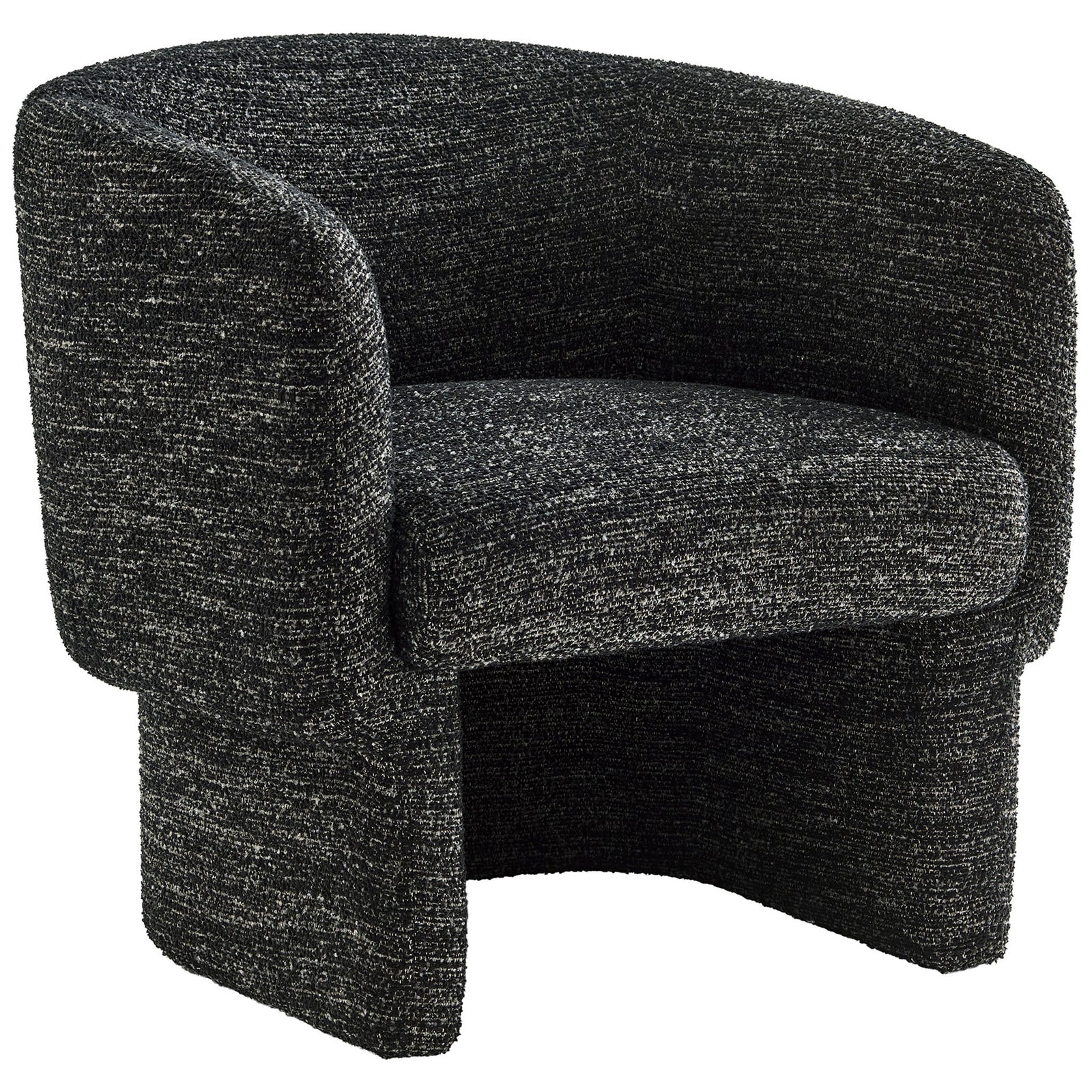 Sculpted barrel silhouette in textured charcoal boucle with thick cushioned seat || EEI-7100-CHA || front_angle_studio