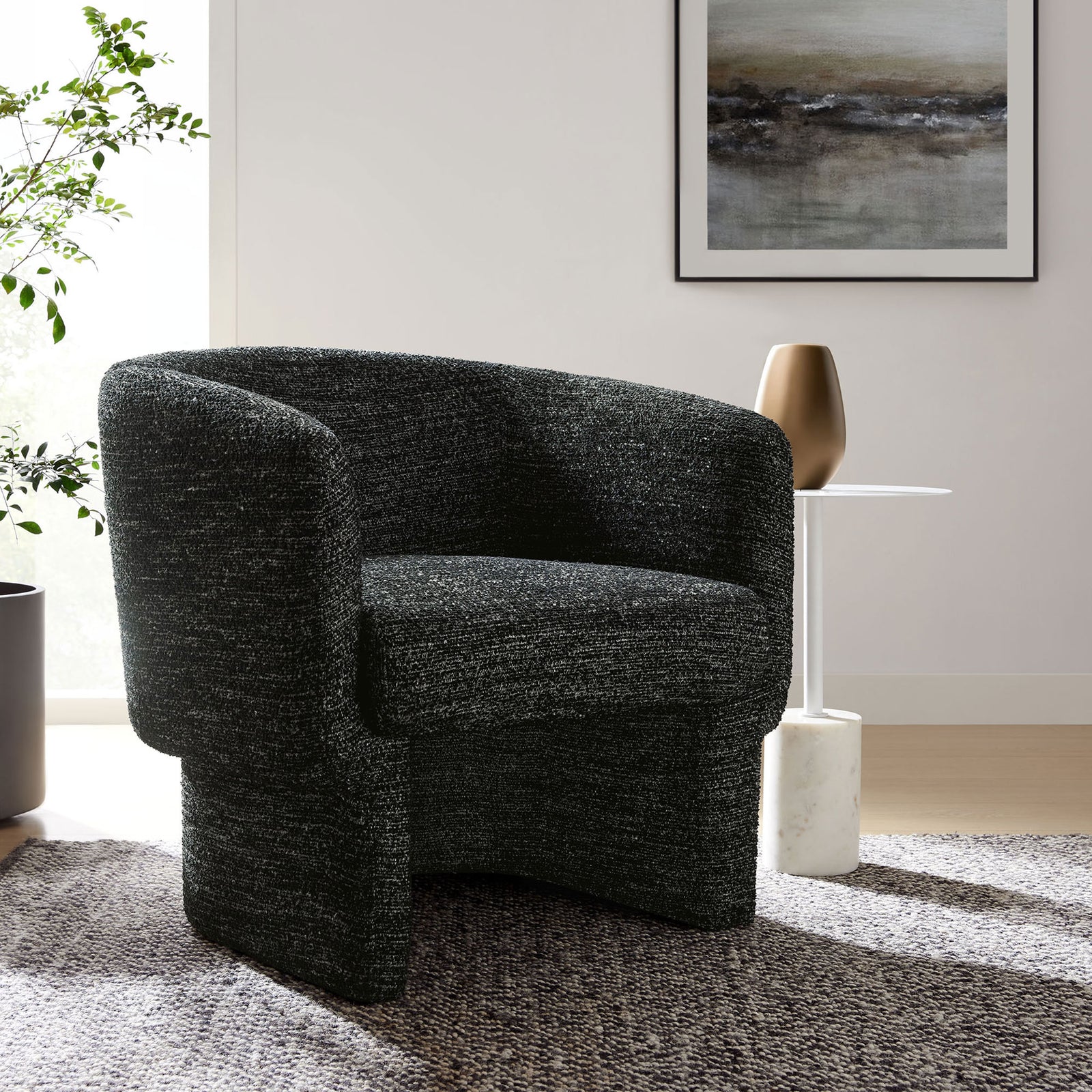 Charcoal boucle chair brings cozy texture and modern curves to your living space || EEI-7100-CHA || front_angle_room