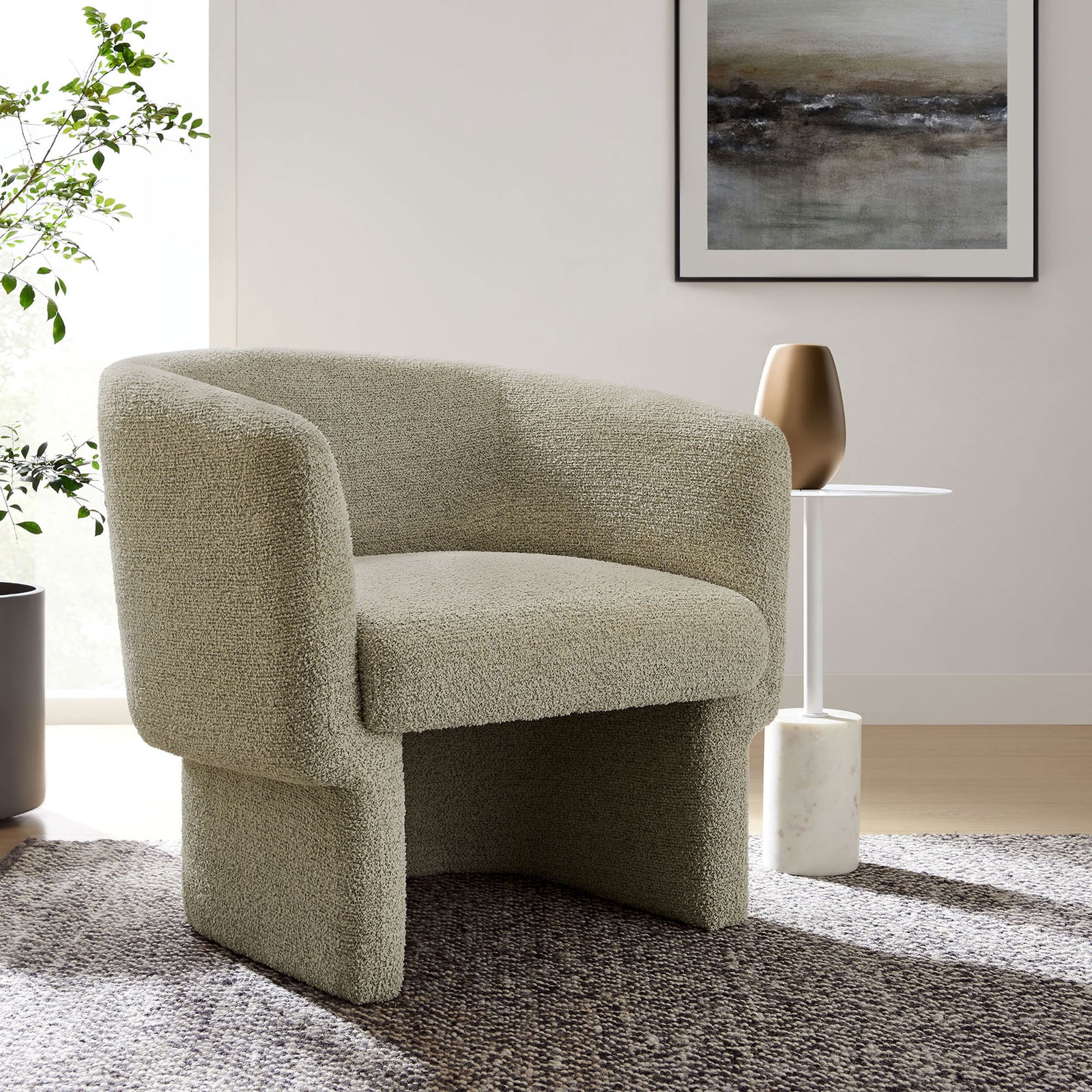 Modern barrel chair brings soft texture and sculptural form to any living space || EEI-7100-CRK || front_angle_room
