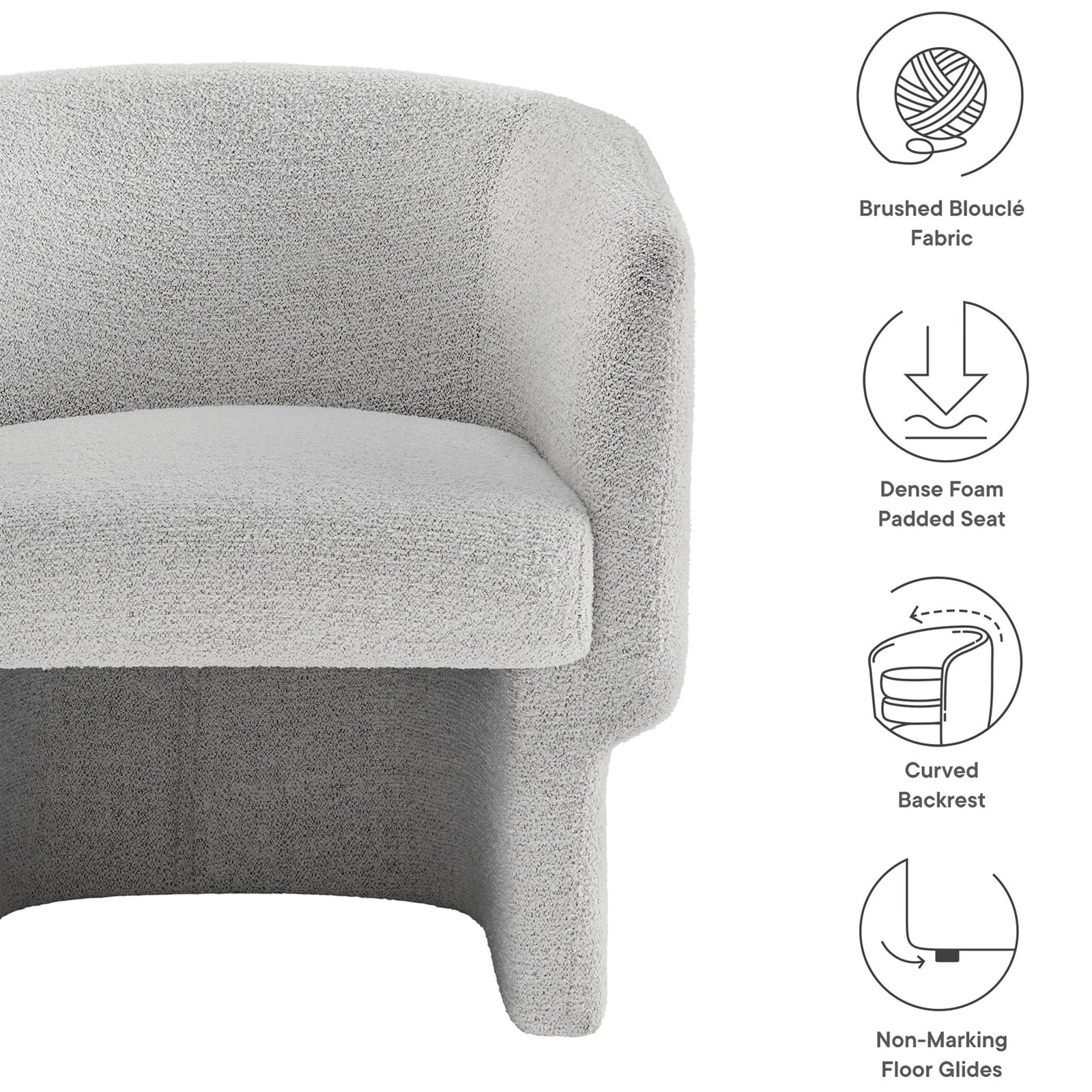 Brushed boucle fabric, dense foam seat, and curved backrest combine for modern comfort. || EEI-7100-NPT || callout_studio