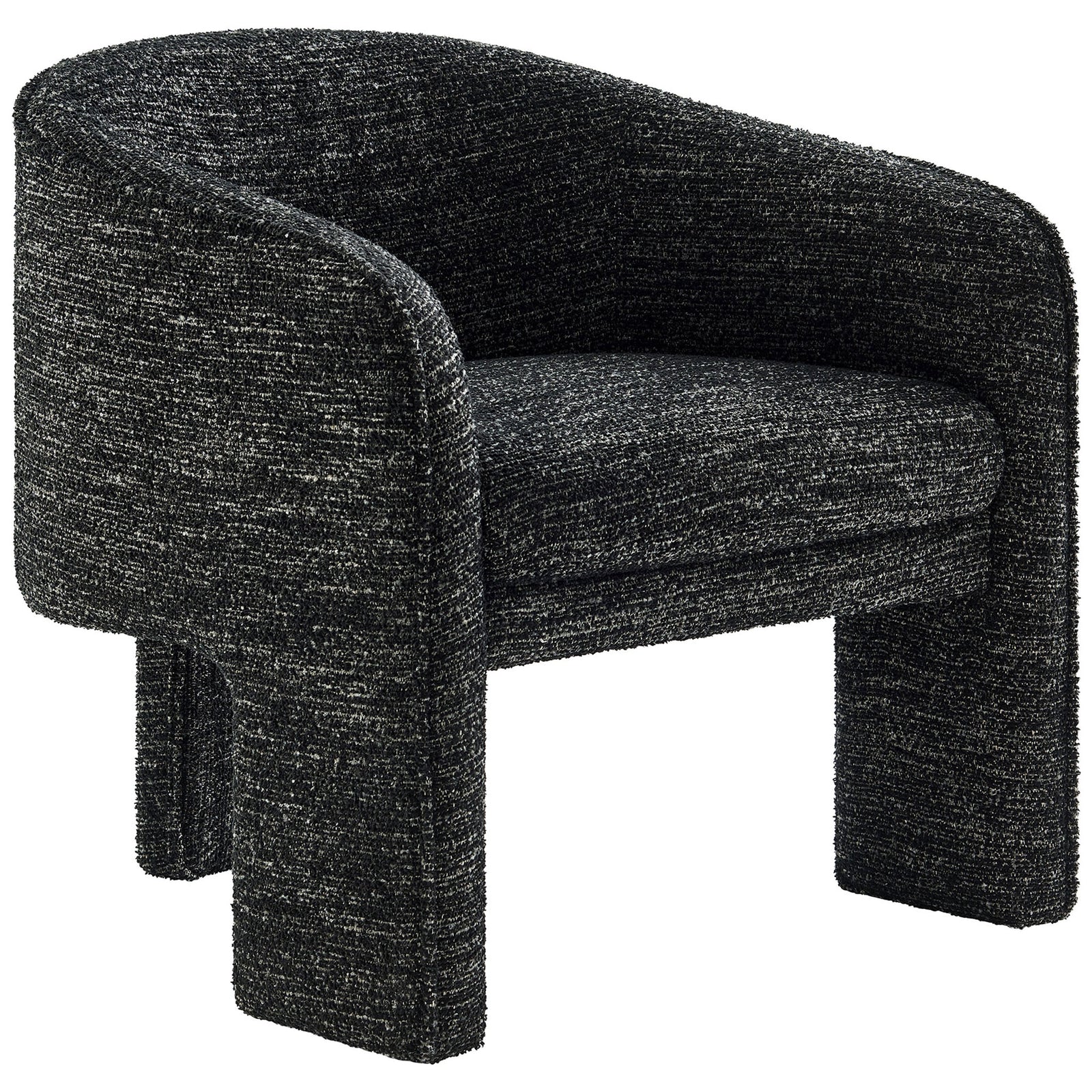 Curved barrel armchair in charcoal boucle with plush seat and distinctive three-leg base || EEI-7101-CHA || front_angle_studio