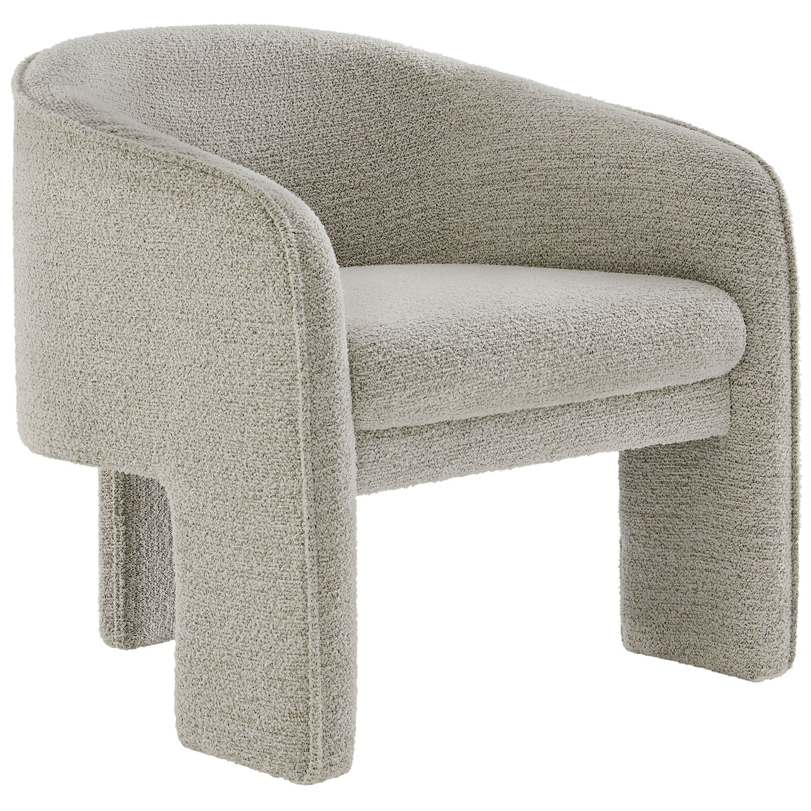 Modern barrel chair wrapped in soft boucle with a cozy cocooning back and distinctive three-leg base || EEI-7101-PCH || front_angle_studio
