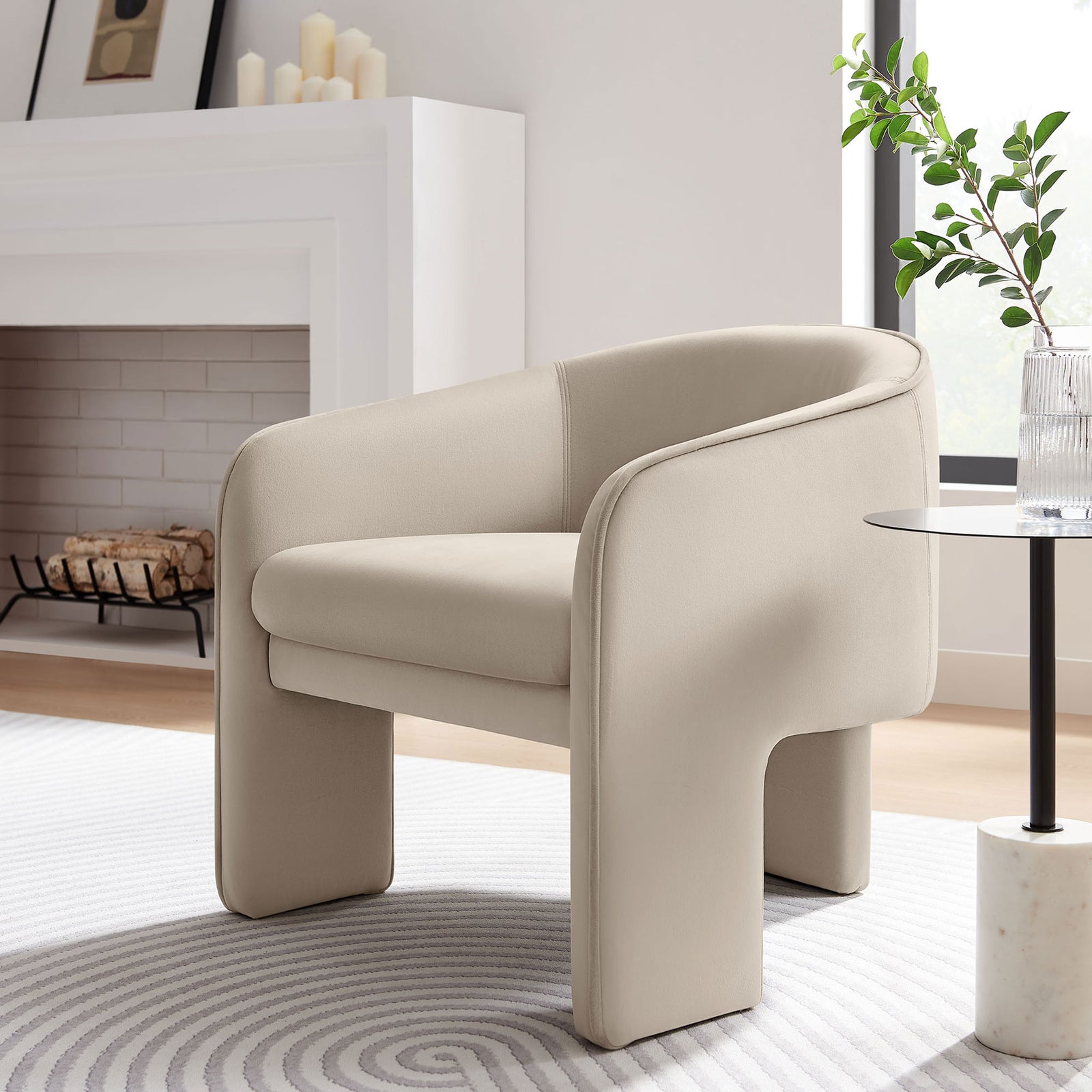 Modern accent chair adds warmth in almond performance velvet with sculpted curves and confident stance || EEI-7102-ALM || front_angle_room