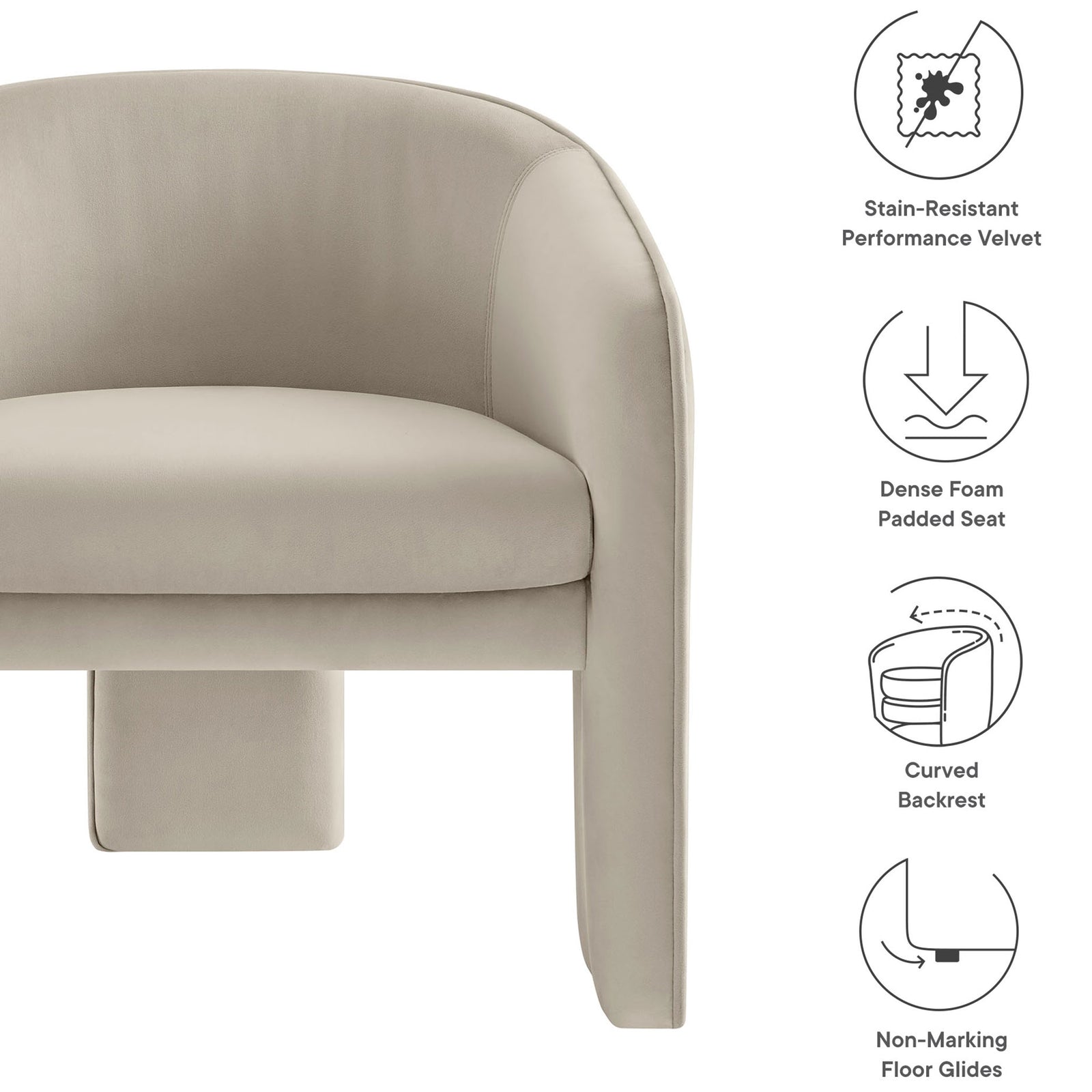 Stain-resistant performance velvet, dense foam padding, curved back, and floor-friendly glides || EEI-7102-ALM || callout_studio