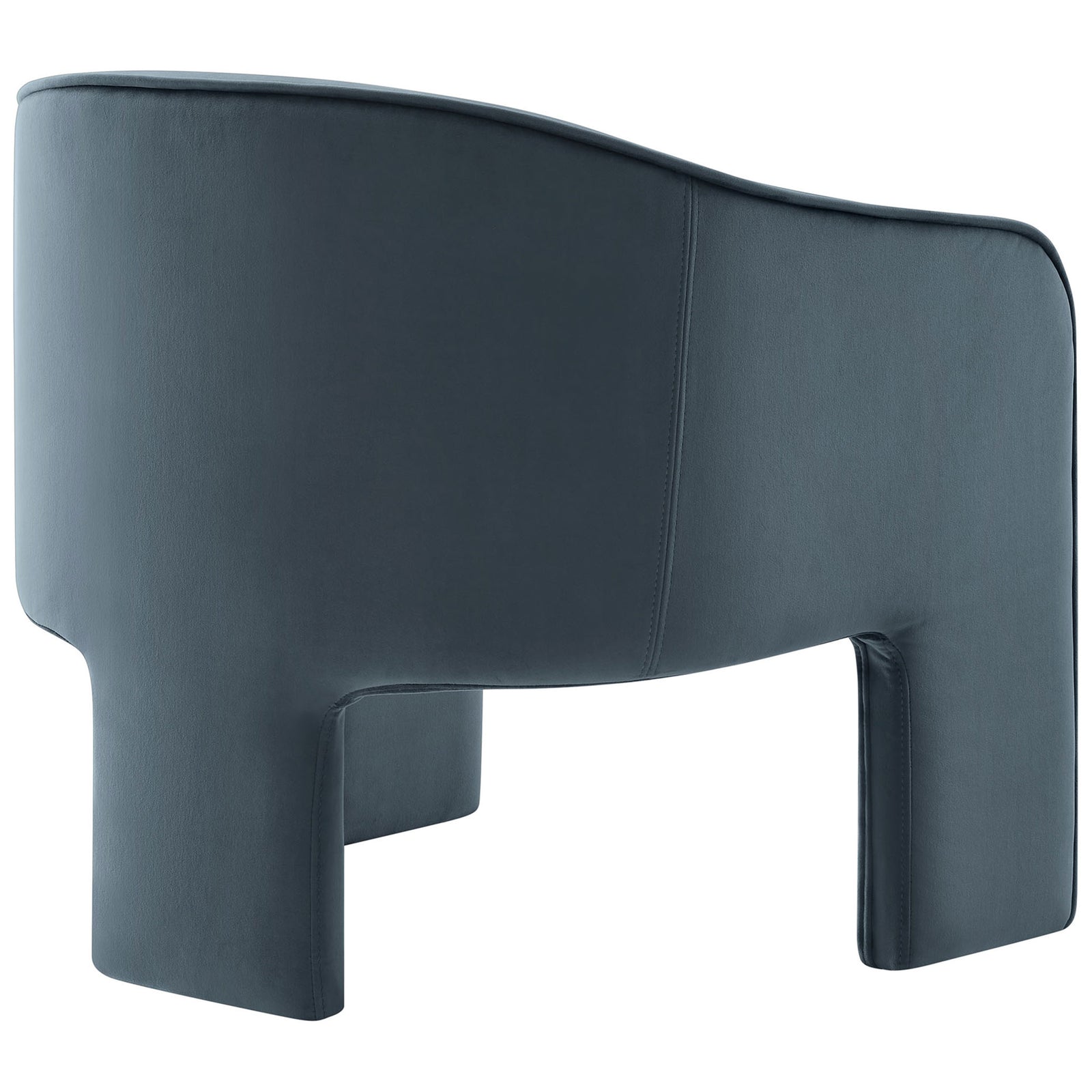 Streamlined barrel silhouette in cadet blue velvet with wraparound back and stable tri-leg design || EEI-7102-CAB || back_studio