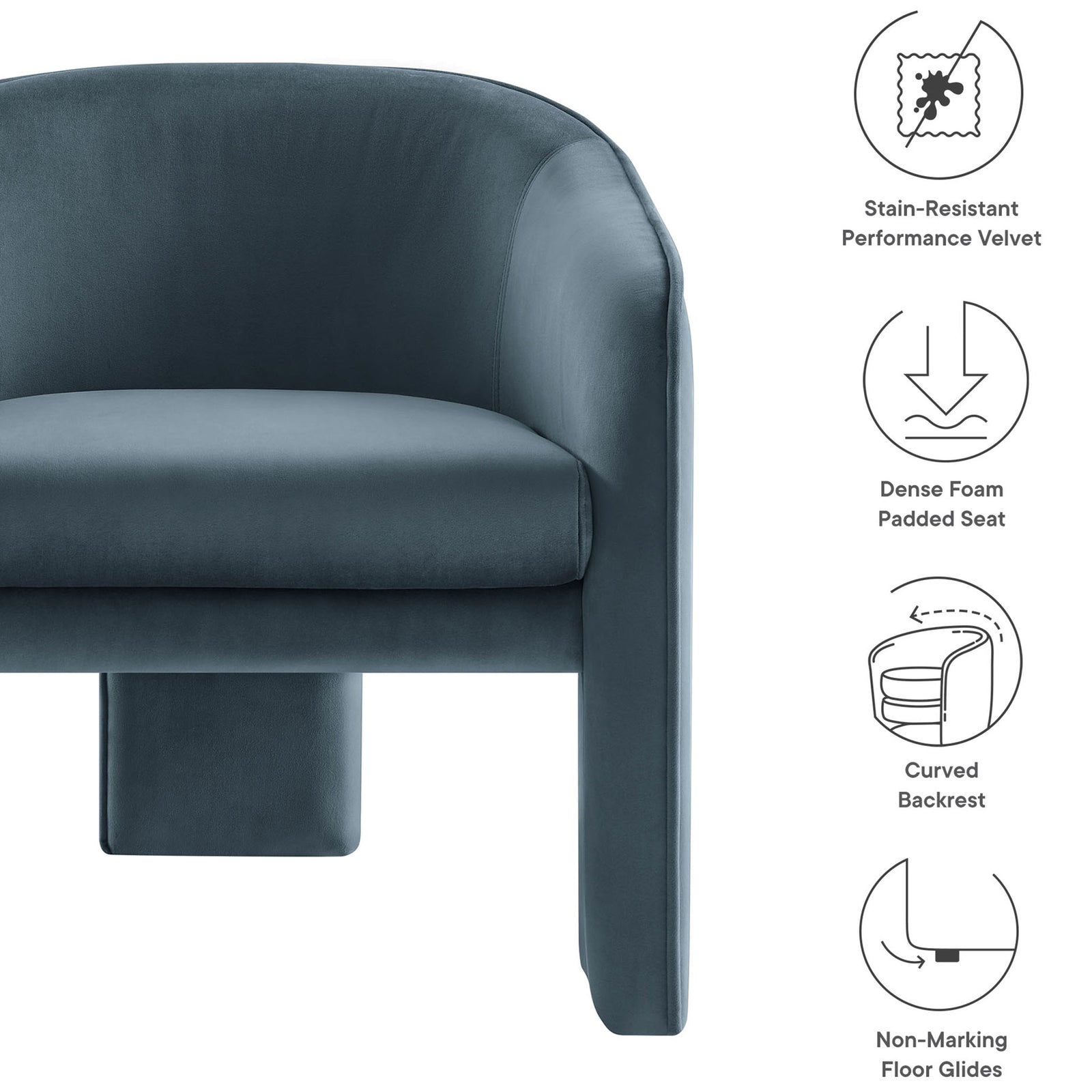 Stain-resistant velvet, dense foam seat, curved backrest, and non-marking glides for everyday ease || EEI-7102-CAB || callout_studio