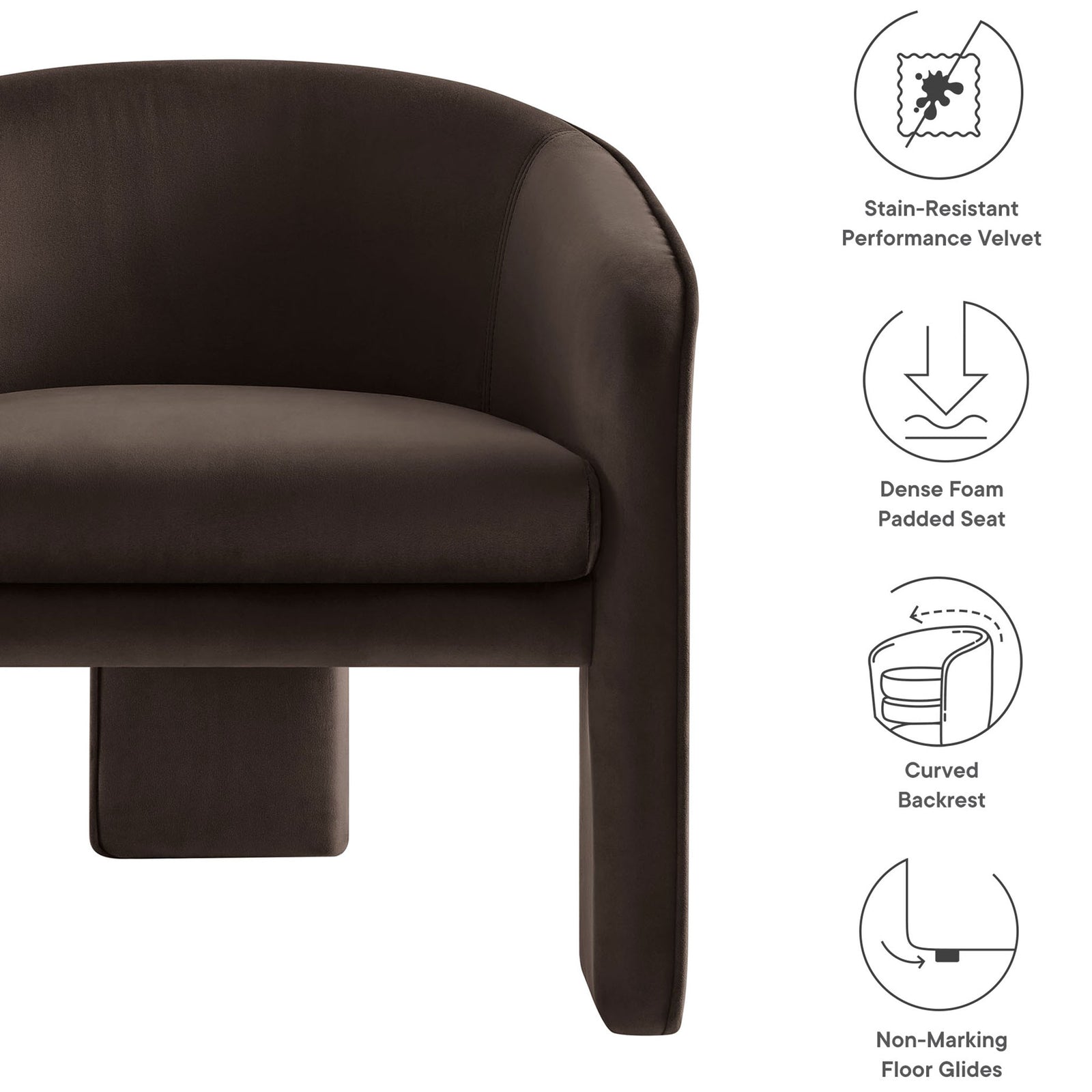 Stain-resistant performance velvet, dense foam seat, and curved backrest deliver comfort with style || EEI-7102-CHB || callout_studio
