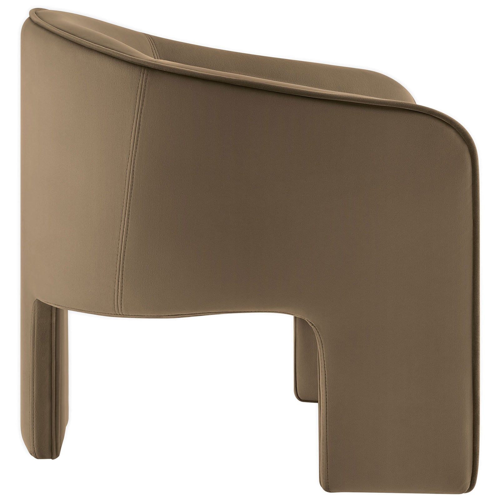 Seam-tailored back and sleek silhouette highlight the armchair's modern curves and unique three-leg form || EEI-7102-TAU || back_angle_studio