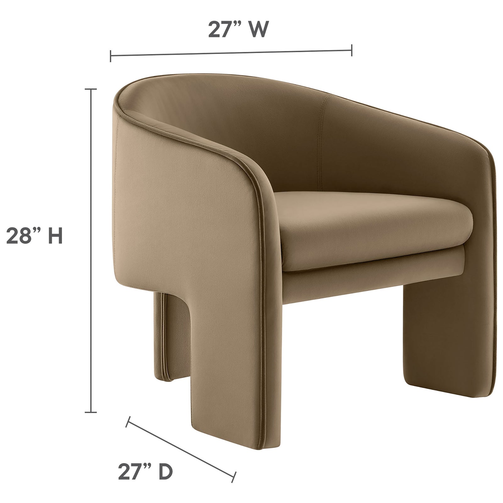 Dimensions shown for the Greer armchair, 27 inch wide by 27 inch deep and 28 inch high for compact seating || EEI-7102-TAU || dimension_studio