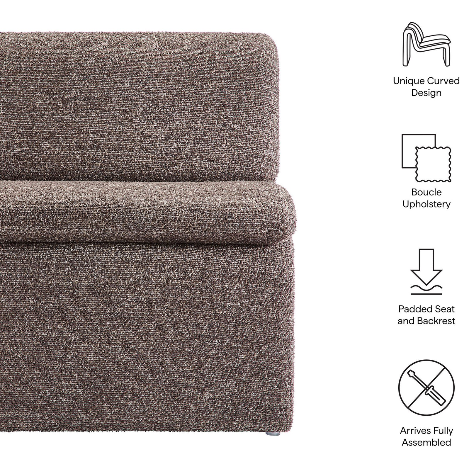 Feature highlights include curved design, boucle fabric, padded comfort, and fully assembled convenience || EEI-7103-ATQ || callout_studio